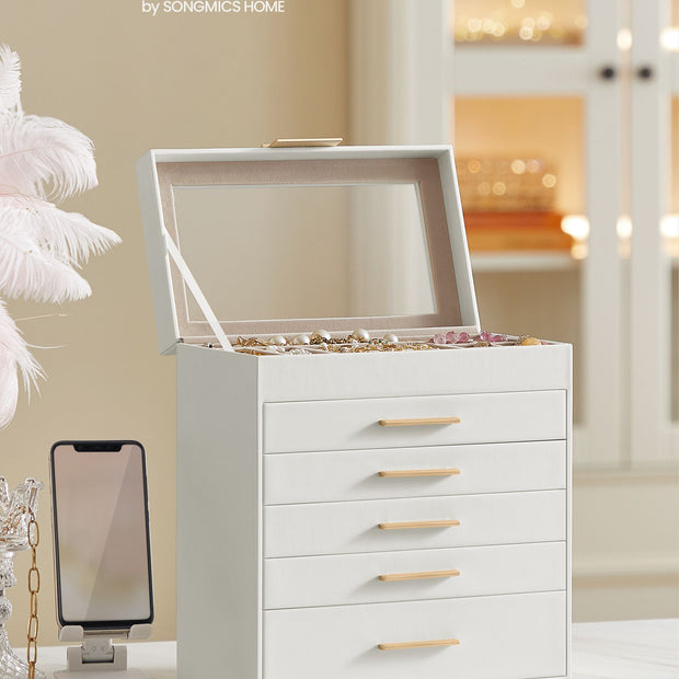 6-Tier Jewellery Box – Glass – Cloud White and Gold – Modern Design with Drawers