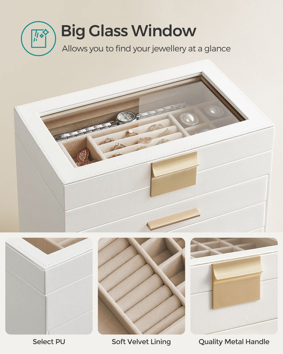 6-Tier Jewellery Box – Glass – Cloud White and Gold – Modern Design with Drawers