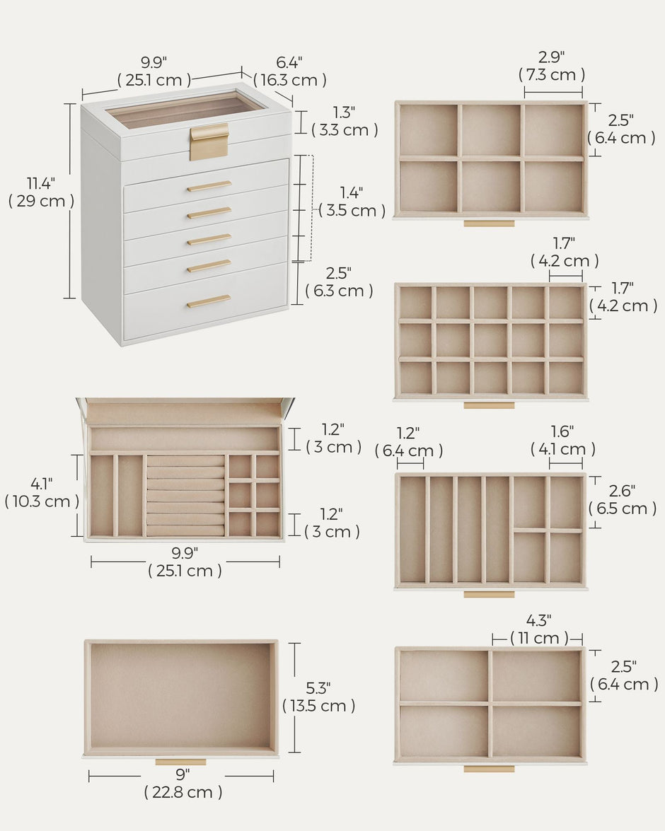6-Tier Jewellery Box – Glass – Cloud White and Gold – Modern Design with Drawers