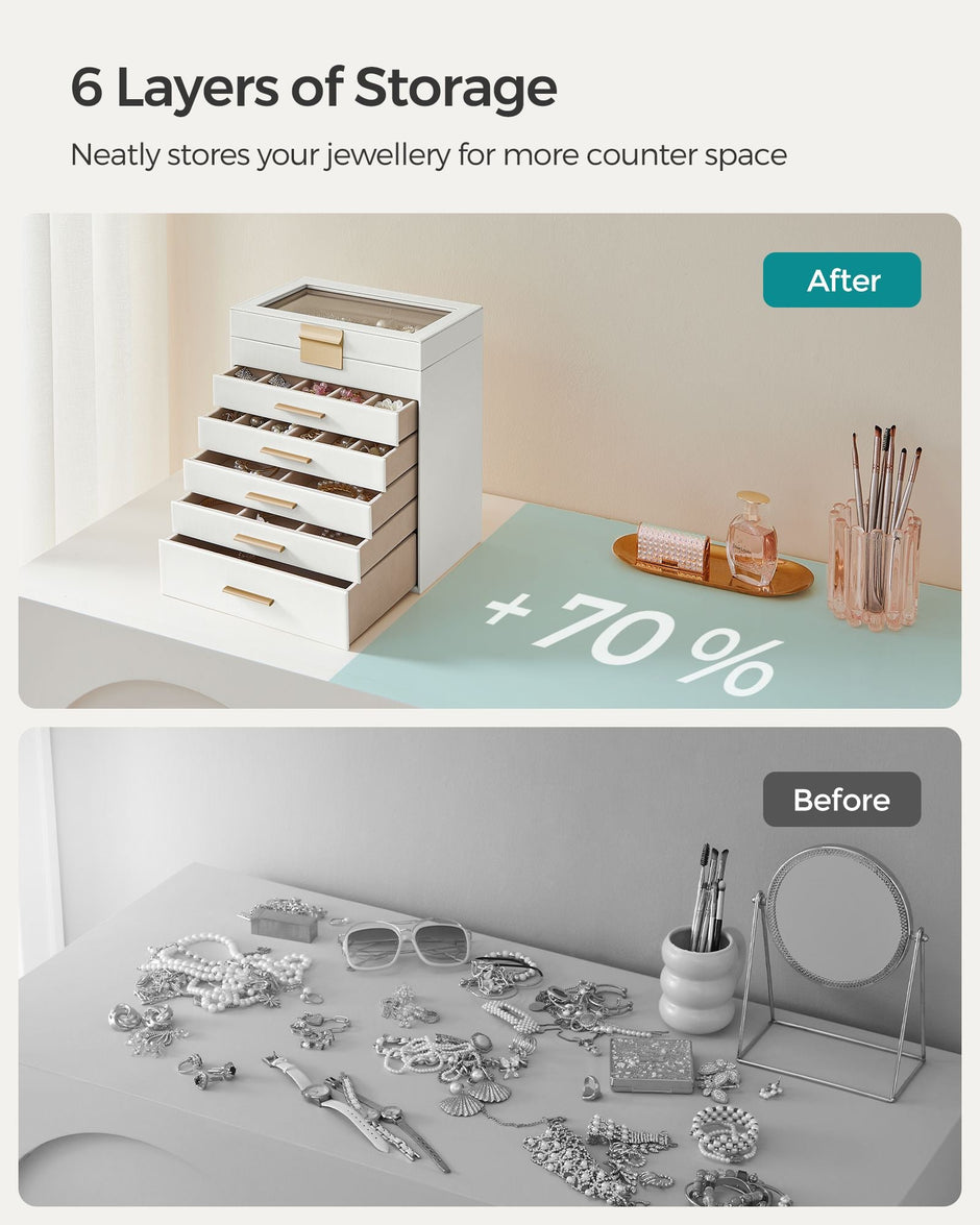 6-Tier Jewellery Box – Glass – Cloud White and Gold – Modern Design with Drawers