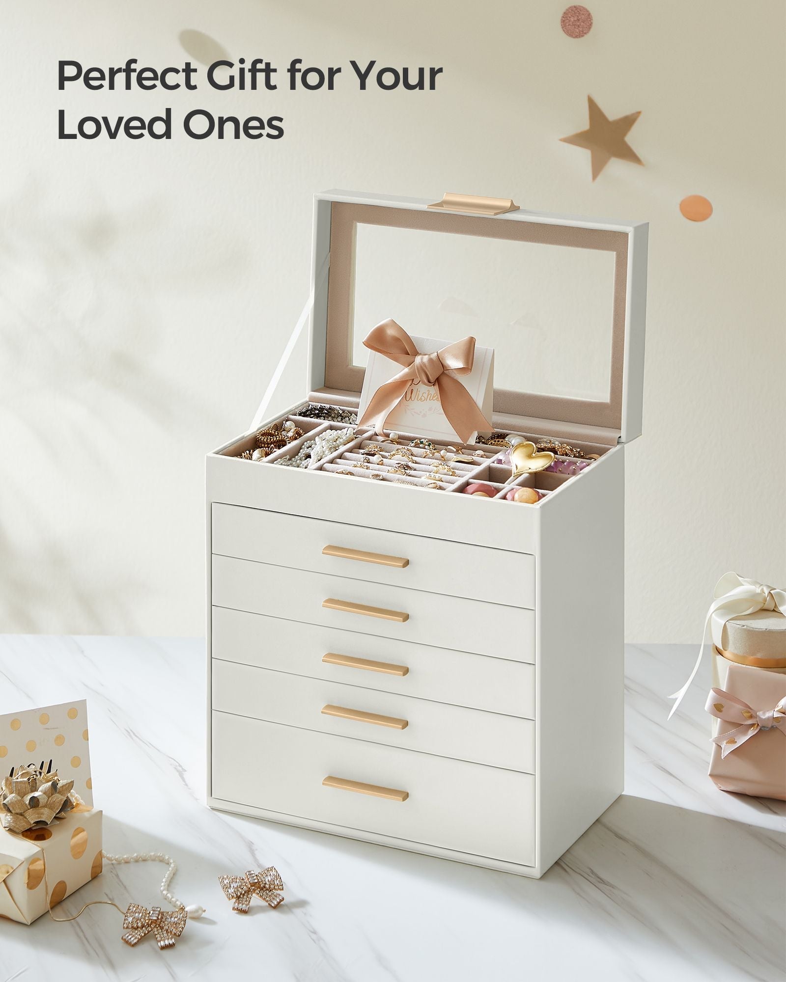 6-Tier Jewellery Box – Glass – Cloud White and Gold – Modern Design with Drawers
