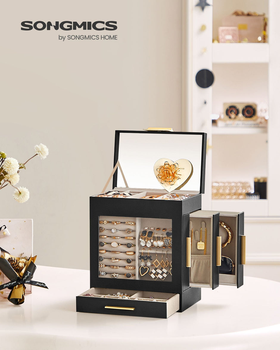 Jewellery Organiser – Glass – Cloud White – 5 Layers with 3 Side Drawers and Big Mirror