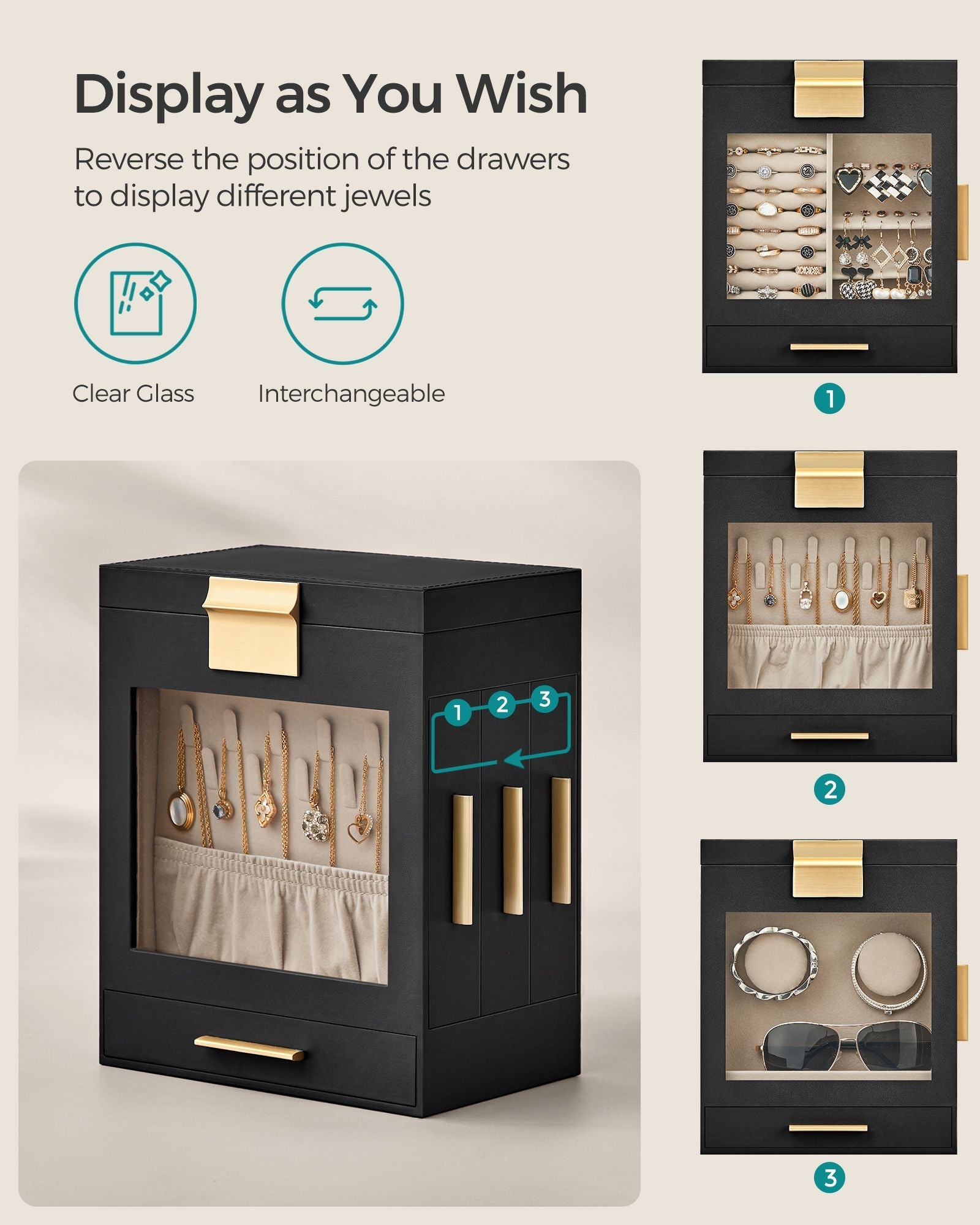 Jewellery Organiser – Glass – Cloud White – 5 Layers with 3 Side Drawers and Big Mirror