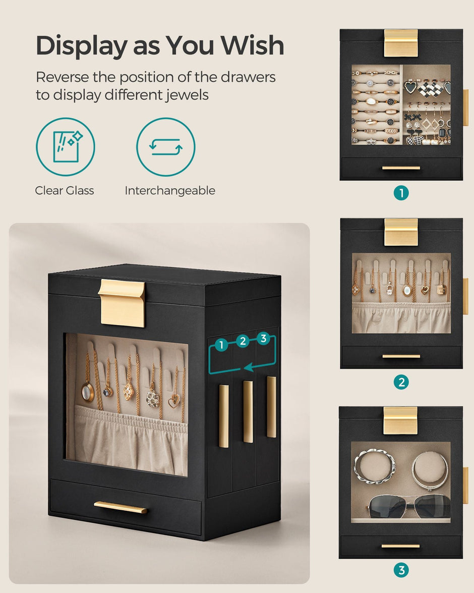 Jewellery Organiser – Glass – Cloud White – 5 Layers with 3 Side Drawers and Big Mirror