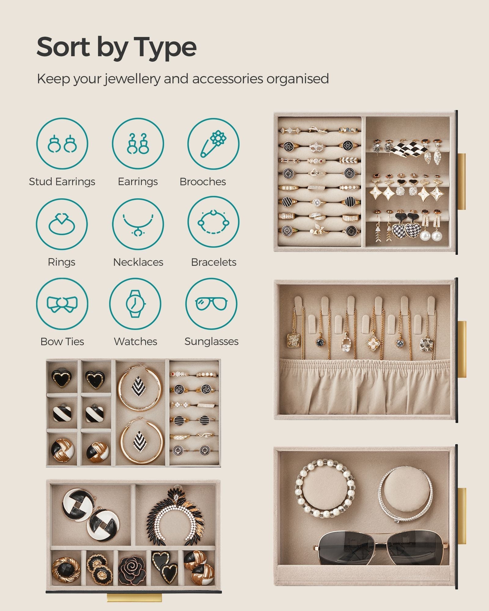 Jewellery Organiser – Glass – Cloud White – 5 Layers with 3 Side Drawers and Big Mirror