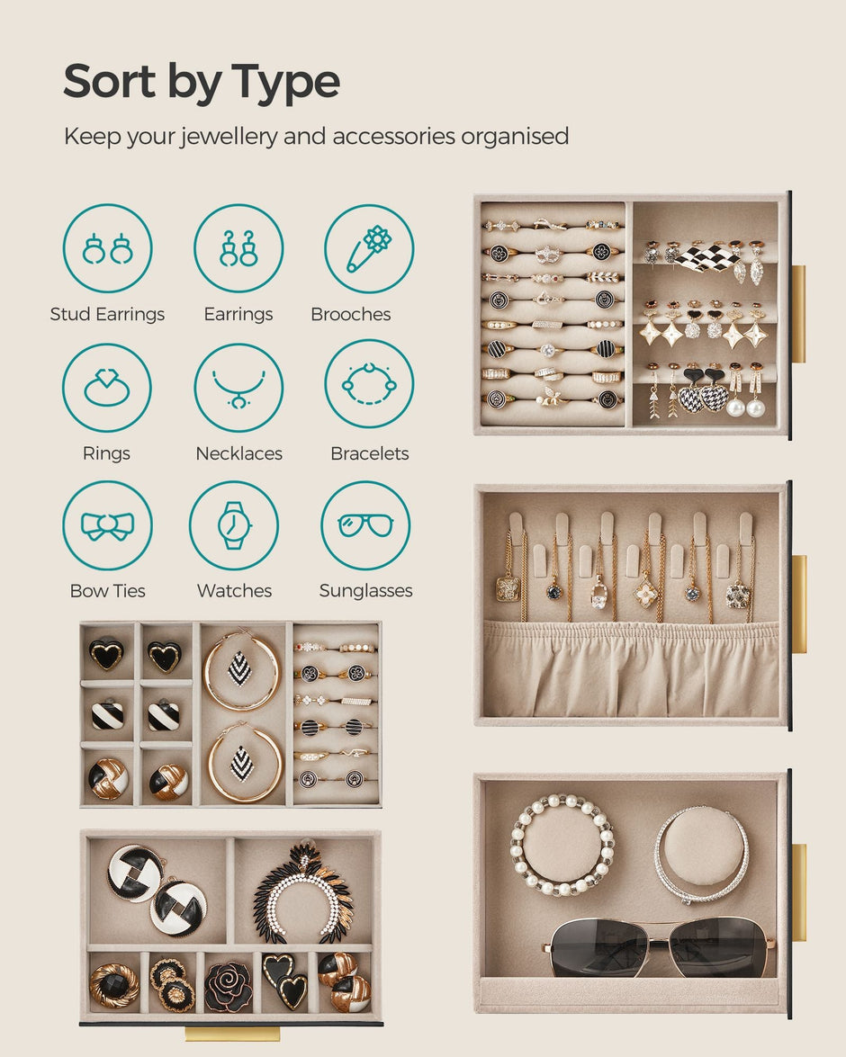 Jewellery Organiser – Glass – Cloud White – 5 Layers with 3 Side Drawers and Big Mirror