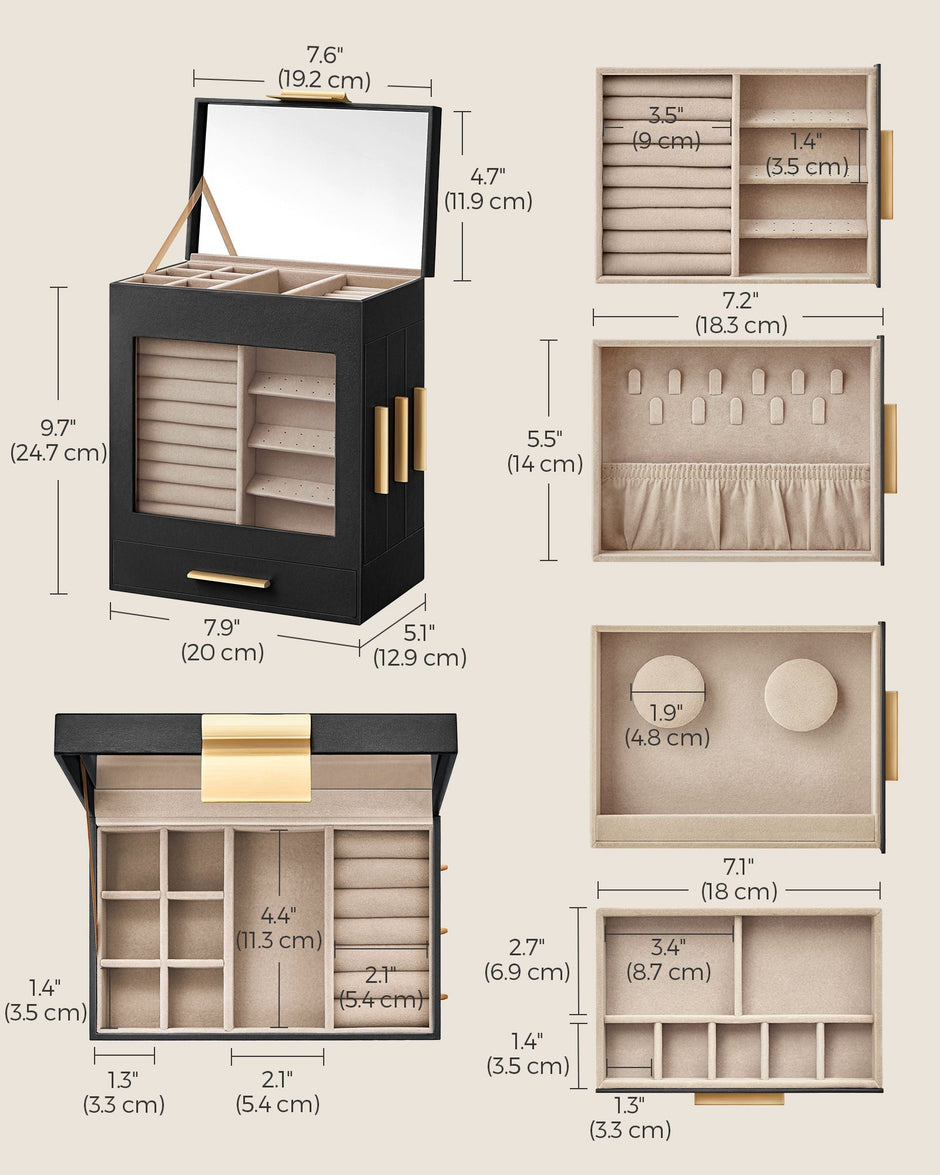 Jewellery Organiser – Glass – Cloud White – 5 Layers with 3 Side Drawers and Big Mirror