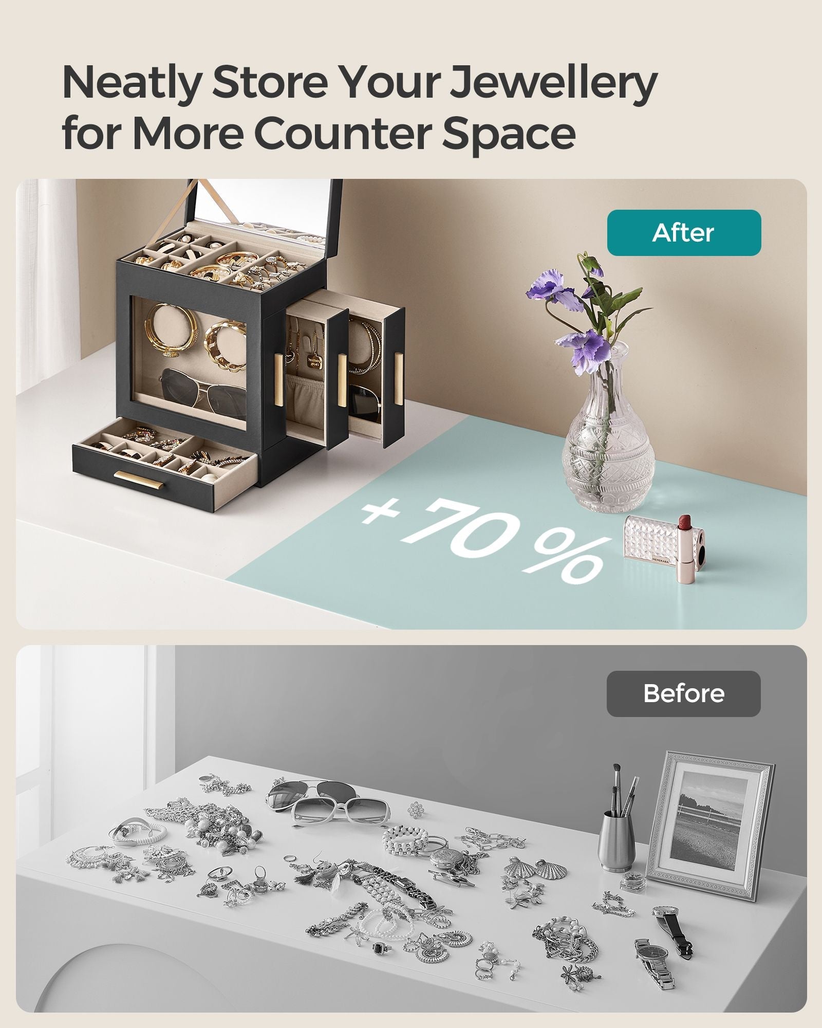 Jewellery Organiser – Glass – Cloud White – 5 Layers with 3 Side Drawers and Big Mirror