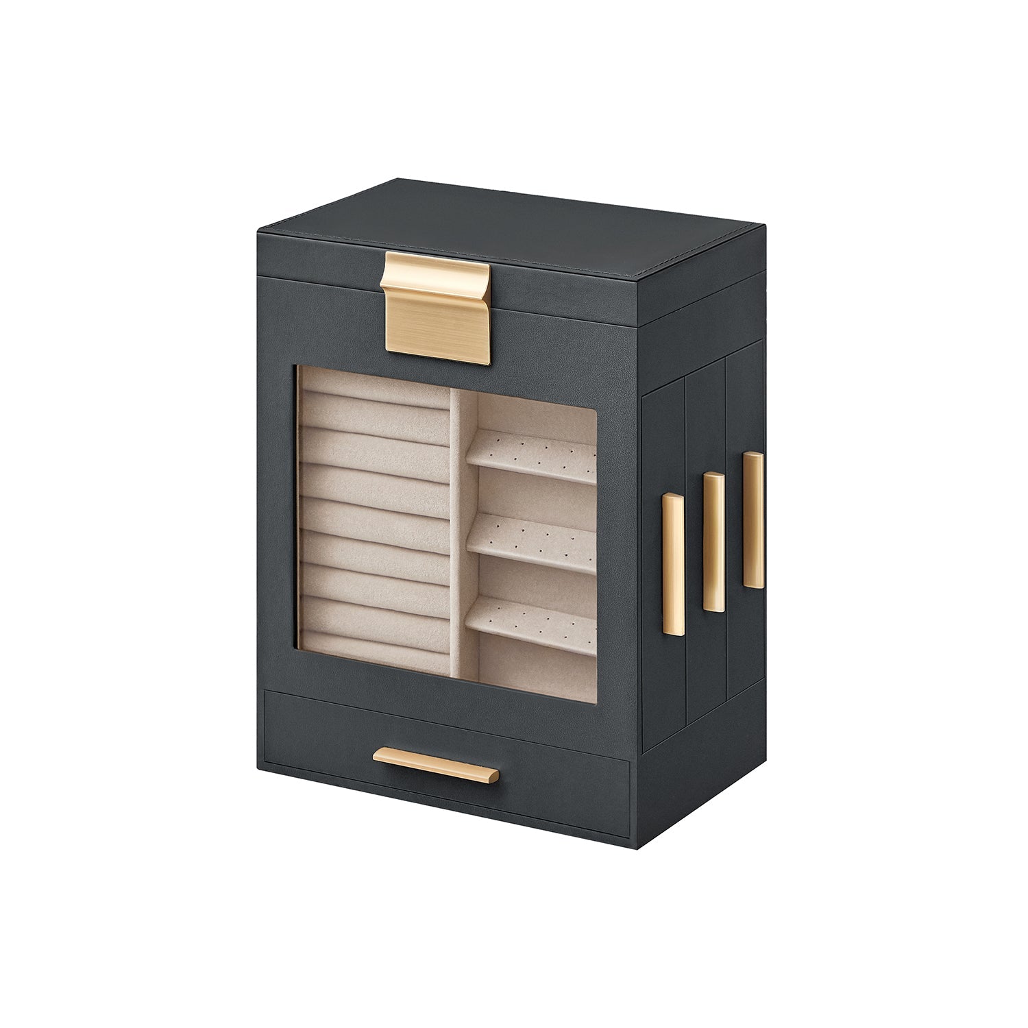 Jewellery Organiser – Glass – Cloud White – 5 Layers with 3 Side Drawers and Big Mirror