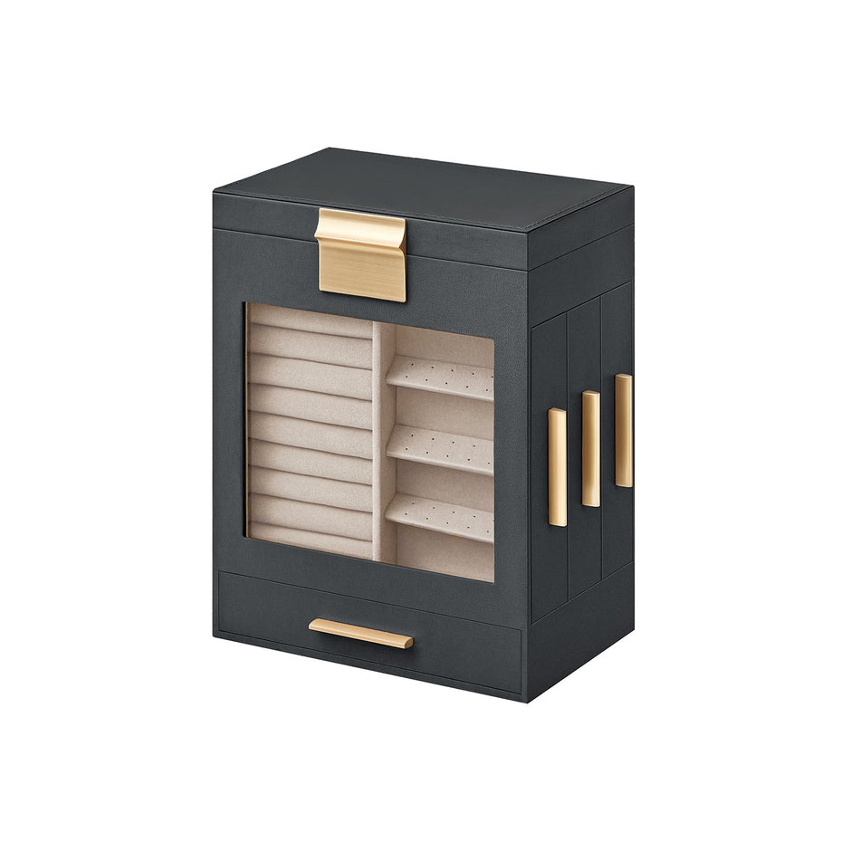 Jewellery Organiser – Glass – Cloud White – 5 Layers with 3 Side Drawers and Big Mirror