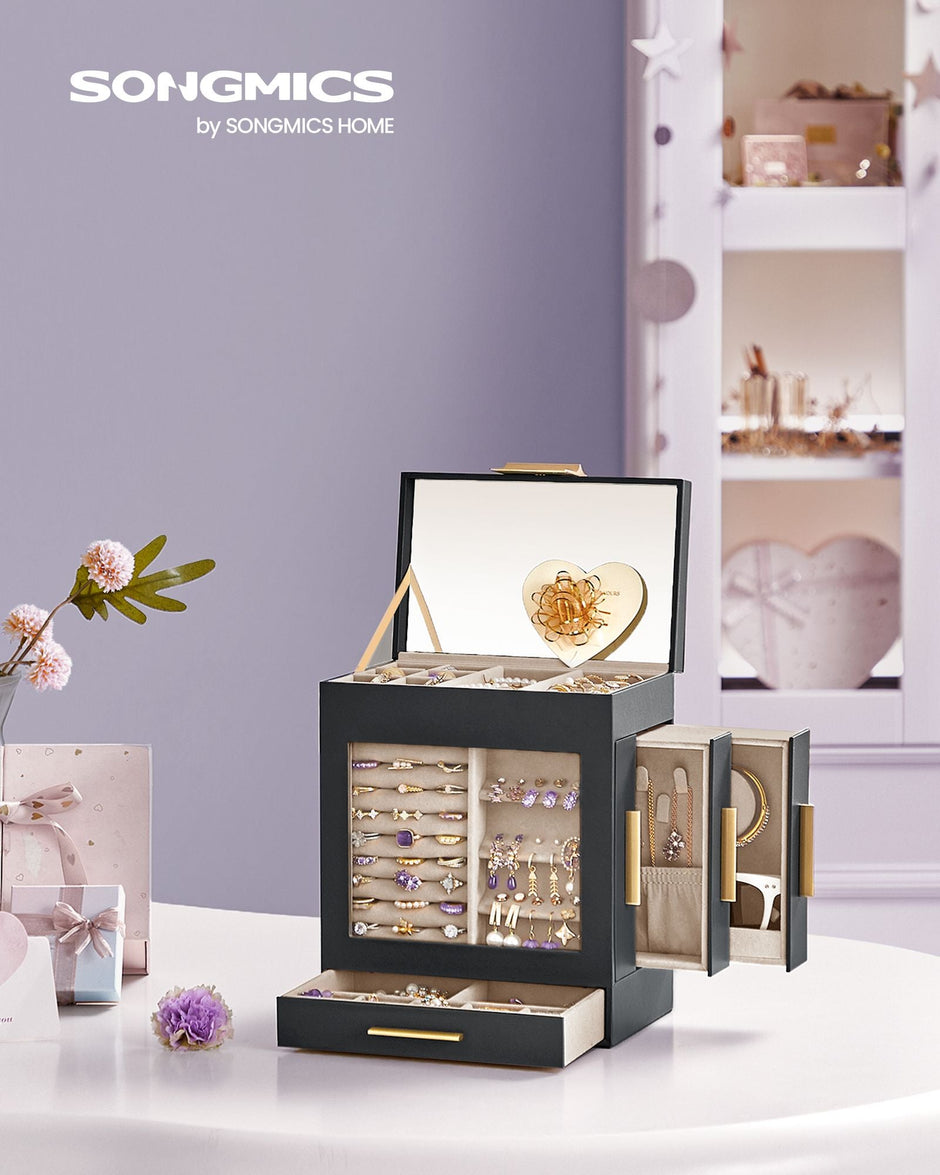 Jewellery Organiser – Glass – Cloud White – 5 Layers with 3 Side Drawers and Big Mirror