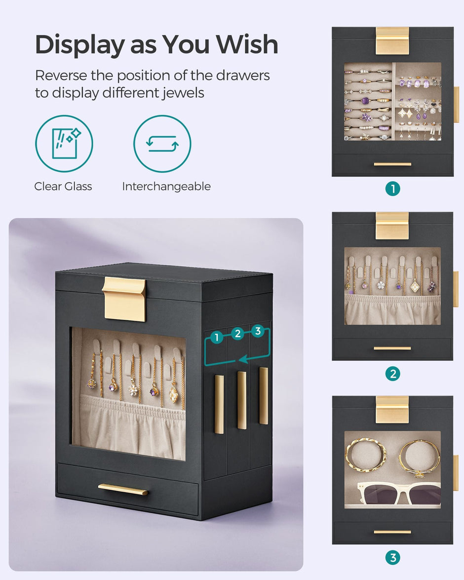 Jewellery Organiser – Glass – Cloud White – 5 Layers with 3 Side Drawers and Big Mirror