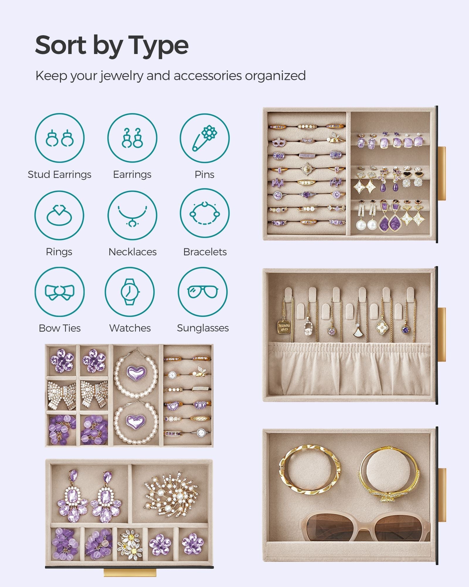 Jewellery Organiser – Glass – Cloud White – 5 Layers with 3 Side Drawers and Big Mirror