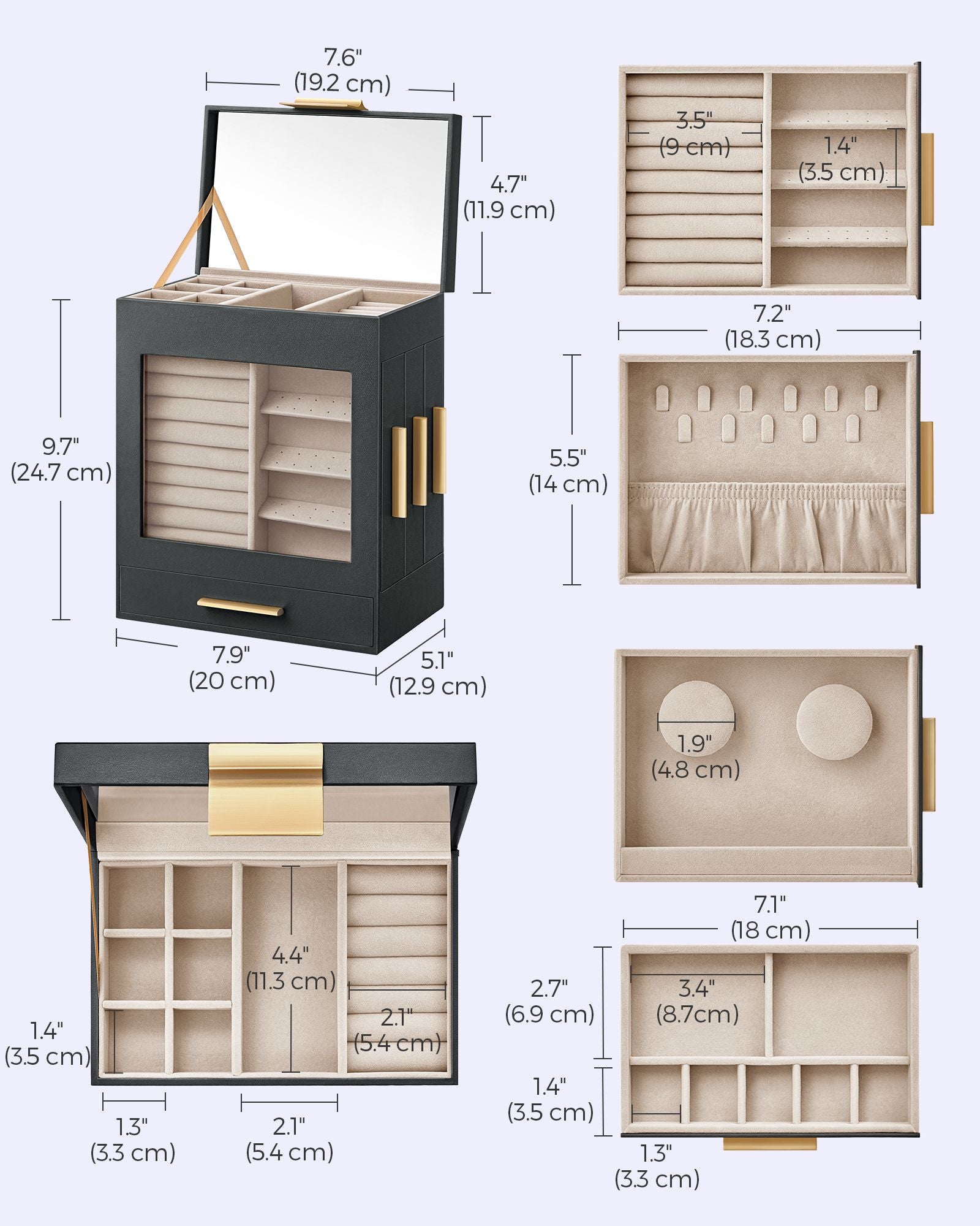 Jewellery Organiser – Glass – Cloud White – 5 Layers with 3 Side Drawers and Big Mirror