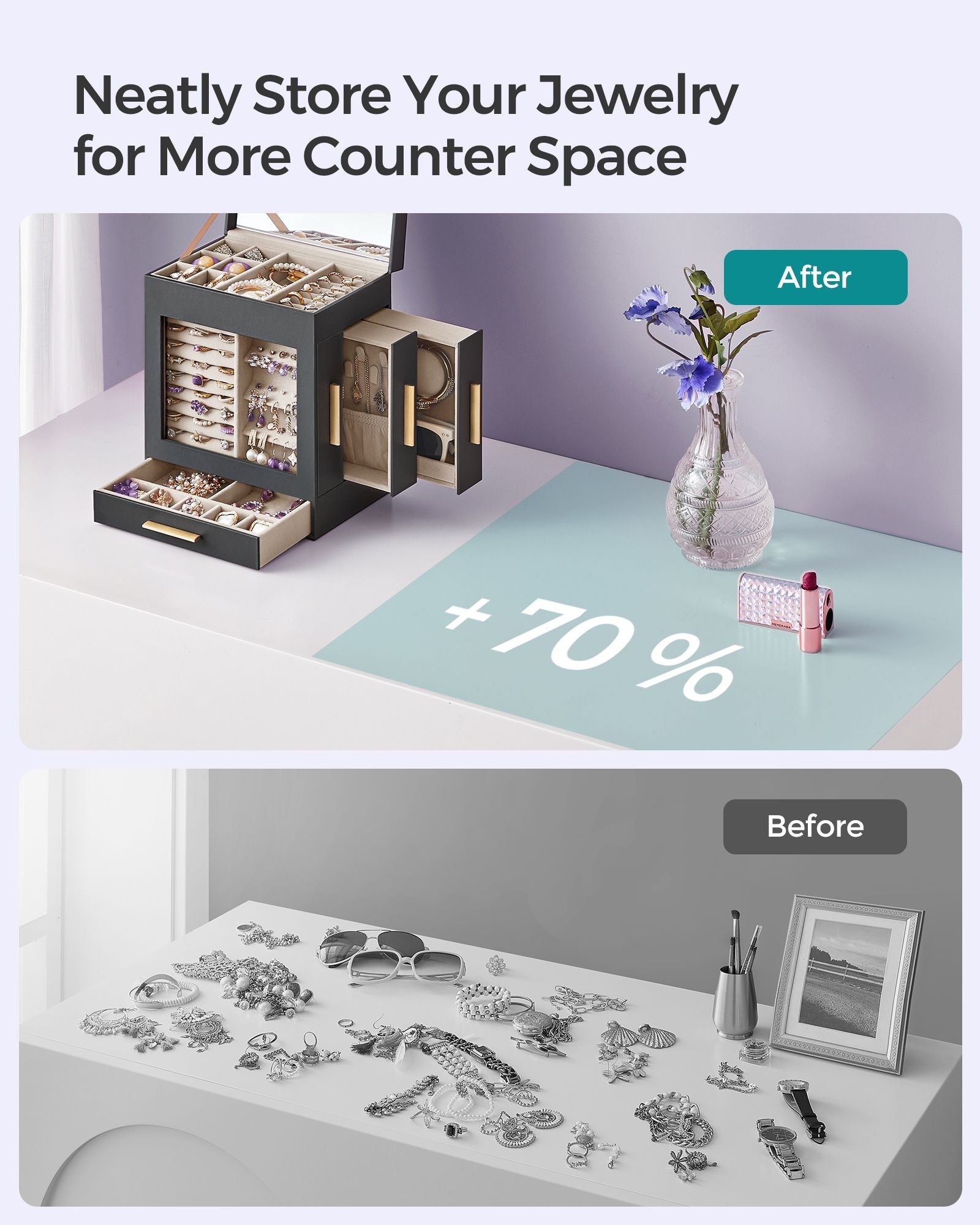 Jewellery Organiser – Glass – Cloud White – 5 Layers with 3 Side Drawers and Big Mirror