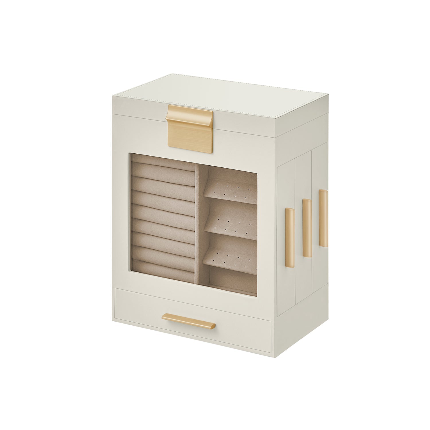 Jewellery Organiser – Glass – Cloud White – 5 Layers with 3 Side Drawers and Big Mirror