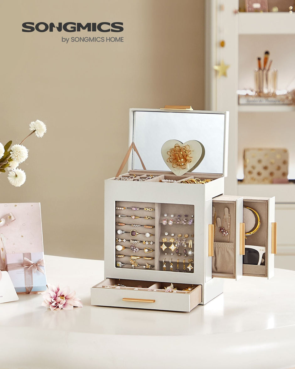 Jewellery Organiser – Glass – Cloud White – 5 Layers with 3 Side Drawers and Big Mirror