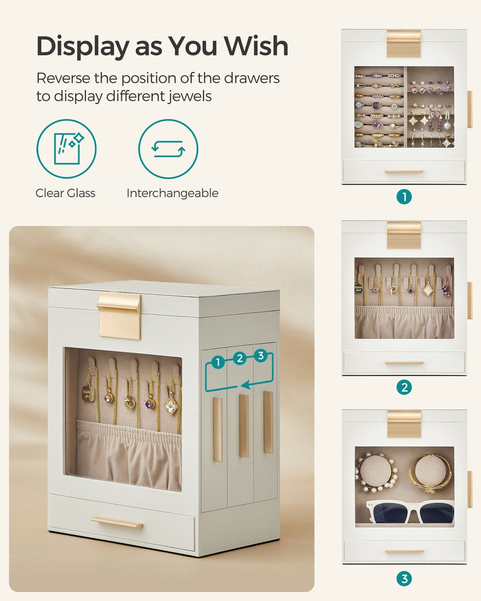 Jewellery Organiser – Glass – Cloud White – 5 Layers with 3 Side Drawers and Big Mirror