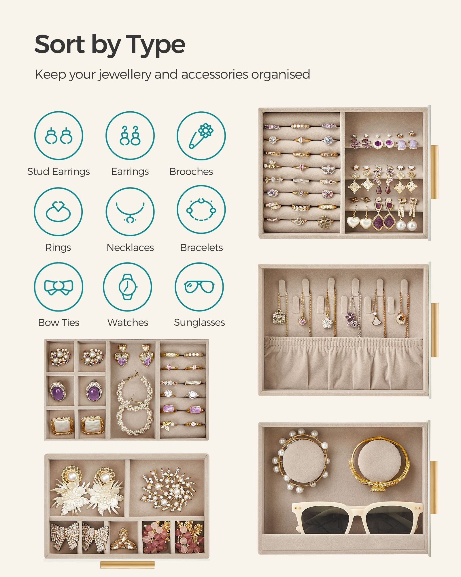 Jewellery Organiser – Glass – Cloud White – 5 Layers with 3 Side Drawers and Big Mirror