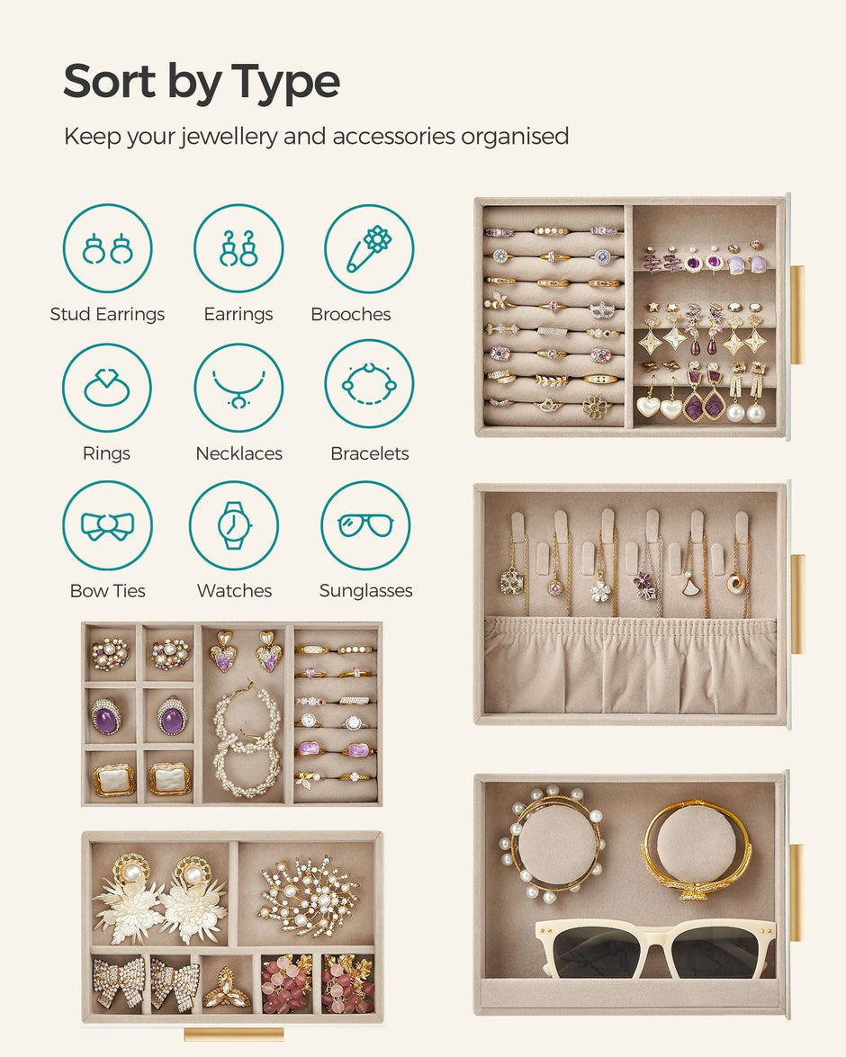 Jewellery Organiser – Glass – Cloud White – 5 Layers with 3 Side Drawers and Big Mirror