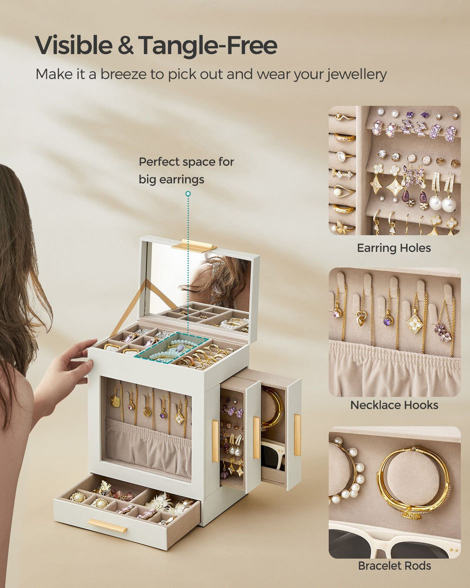 Jewellery Organiser – Glass – Cloud White – 5 Layers with 3 Side Drawers and Big Mirror