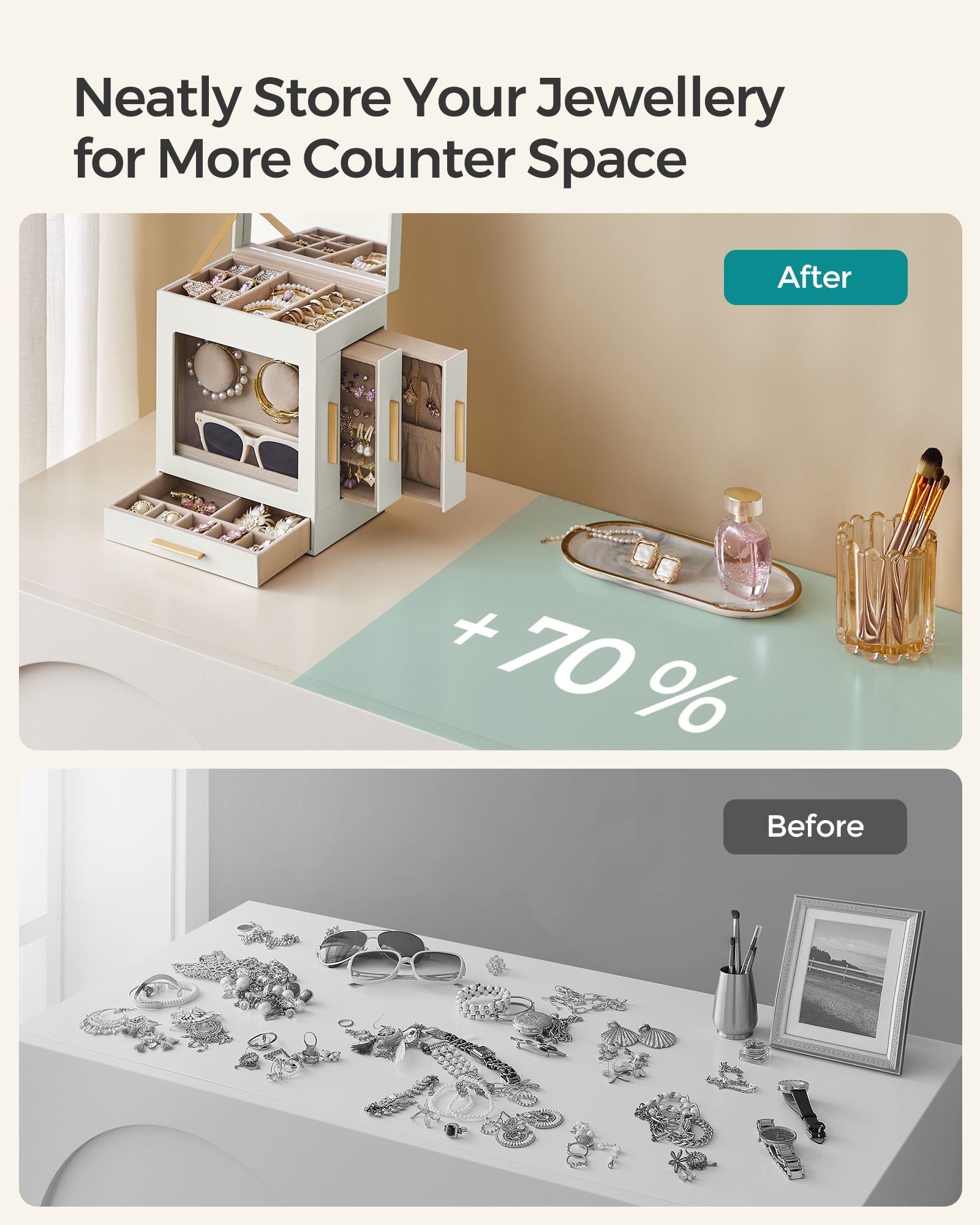 Jewellery Organiser – Glass – Cloud White – 5 Layers with 3 Side Drawers and Big Mirror