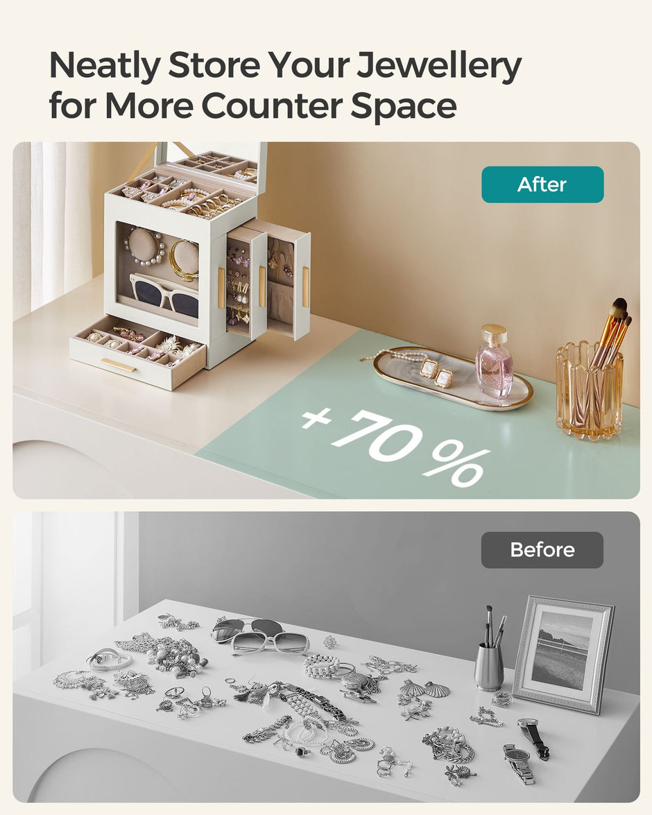 Jewellery Organiser – Glass – Cloud White – 5 Layers with 3 Side Drawers and Big Mirror