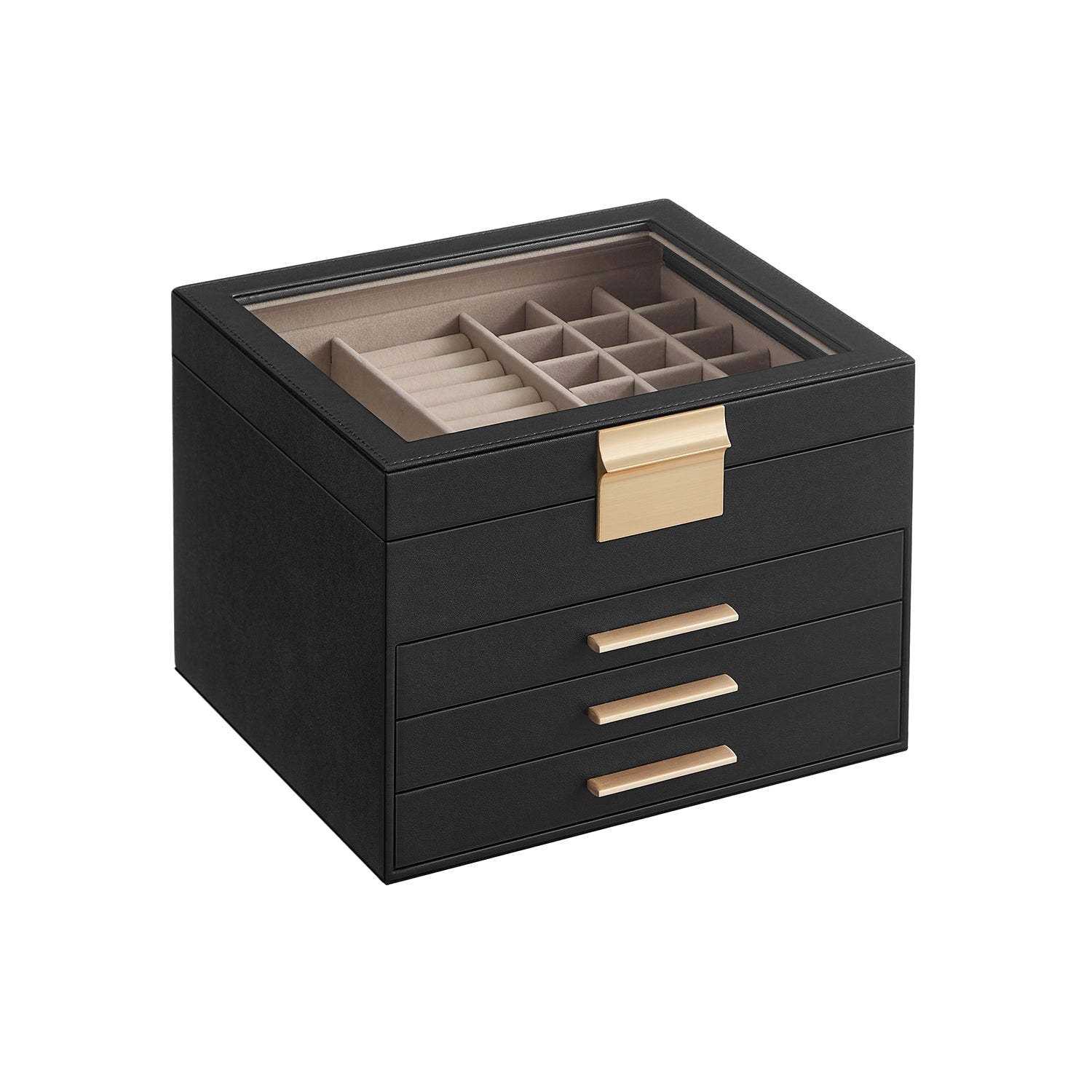 4-Layer Jewellery Box – Glass & MDF – Graphite Black & Gold – Organiser with 3 Drawers