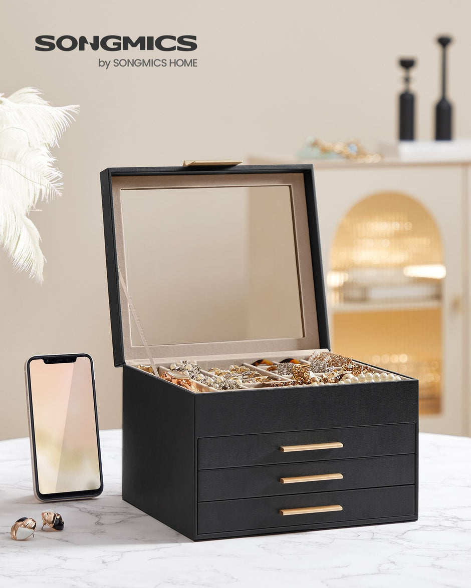 4-Layer Jewellery Box – Glass & MDF – Graphite Black & Gold – Organiser with 3 Drawers
