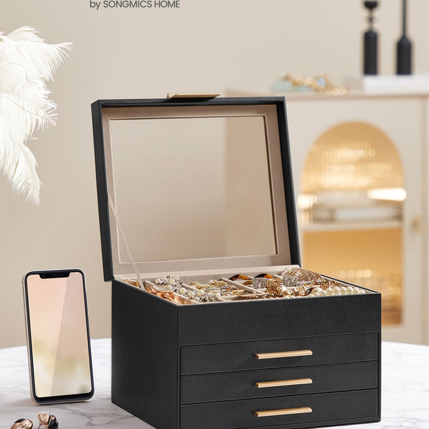 4-Layer Jewellery Box – Glass & MDF – Graphite Black & Gold – Organiser with 3 Drawers