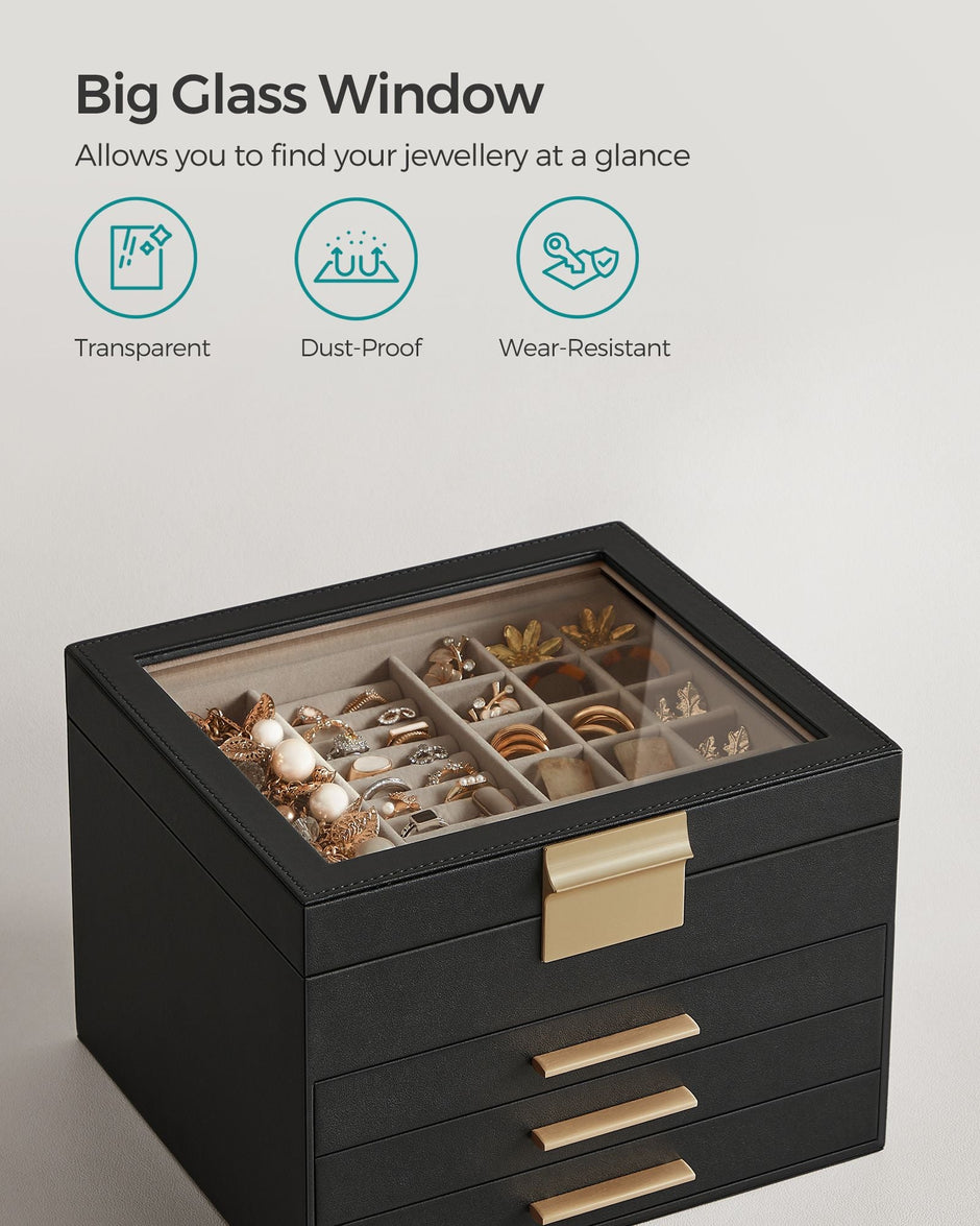 4-Layer Jewellery Box – Glass & MDF – Graphite Black & Gold – Organiser with 3 Drawers