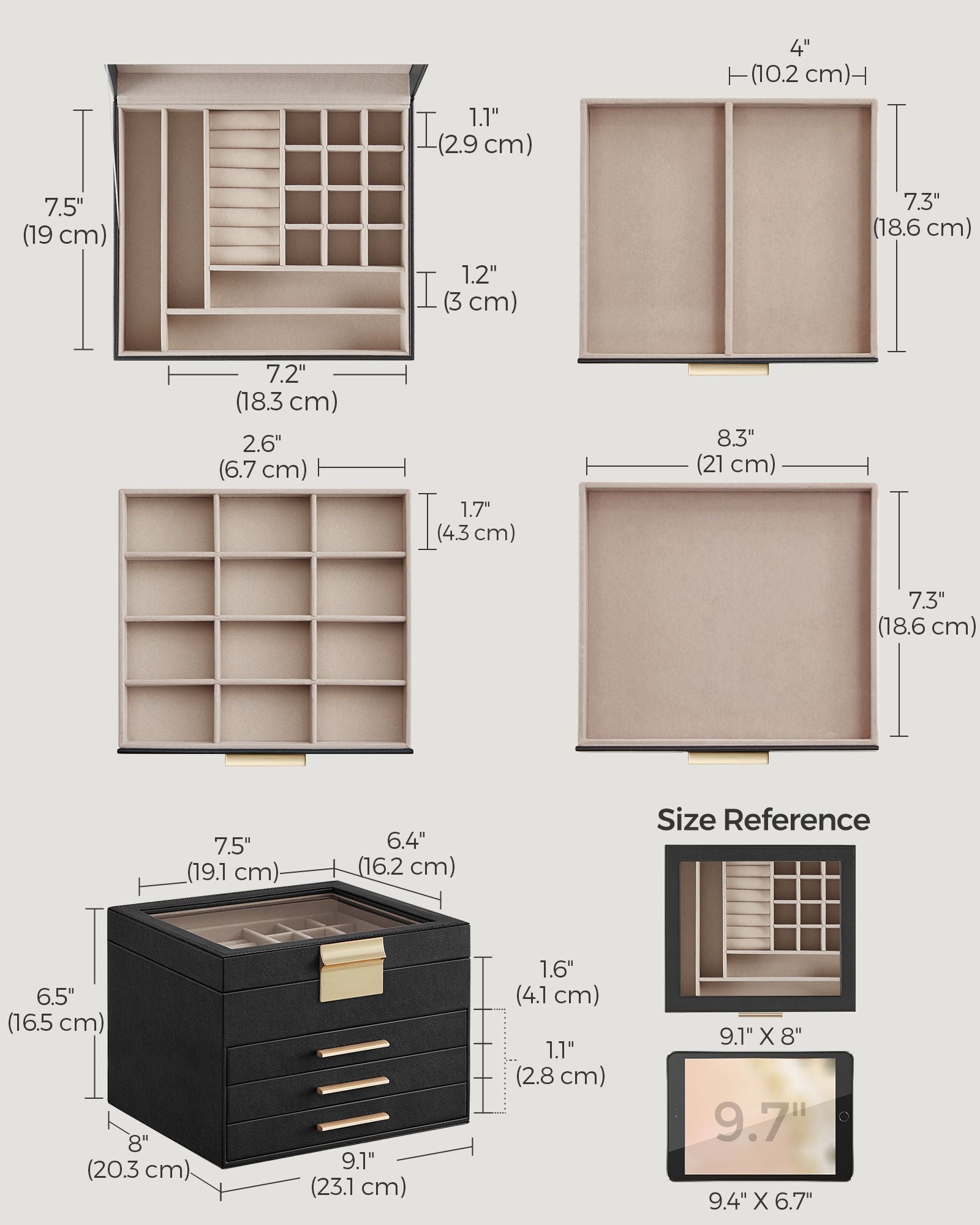 4-Layer Jewellery Box – Glass & MDF – Graphite Black & Gold – Organiser with 3 Drawers