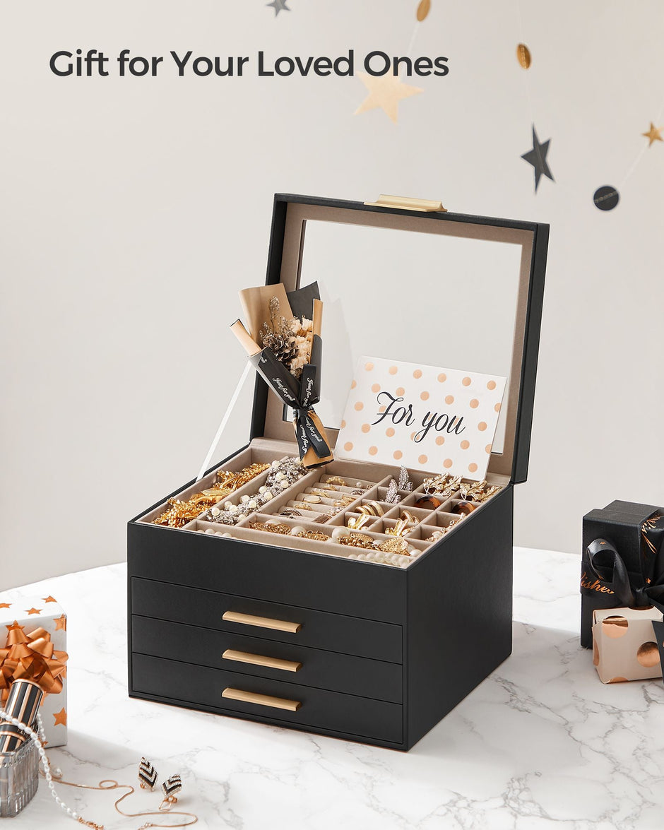 4-Layer Jewellery Box – Glass & MDF – Graphite Black & Gold – Organiser with 3 Drawers