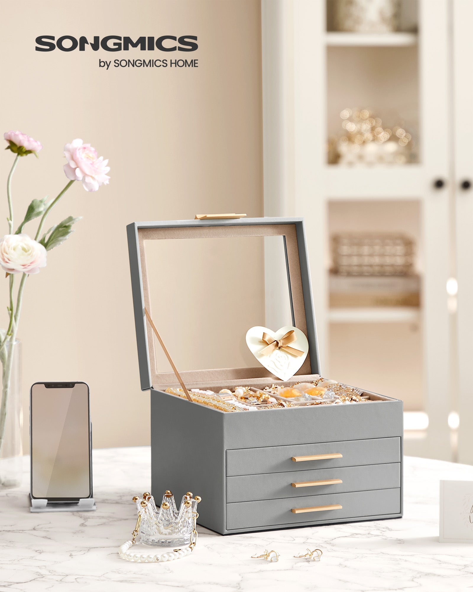 4-Tier Jewellery Box – Wood and Glass – Dove Grey with Gold Accents – 2 Drawers and Lid