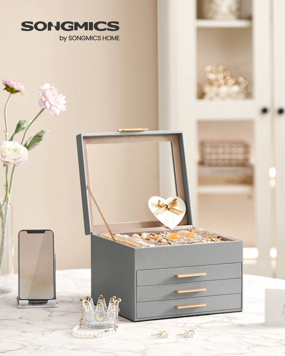 4-Tier Jewellery Box – Wood and Glass – Dove Grey with Gold Accents – 2 Drawers and Lid