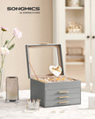 4-Tier Jewellery Box – Wood and Glass – Dove Grey with Gold Accents – 2 Drawers and Lid