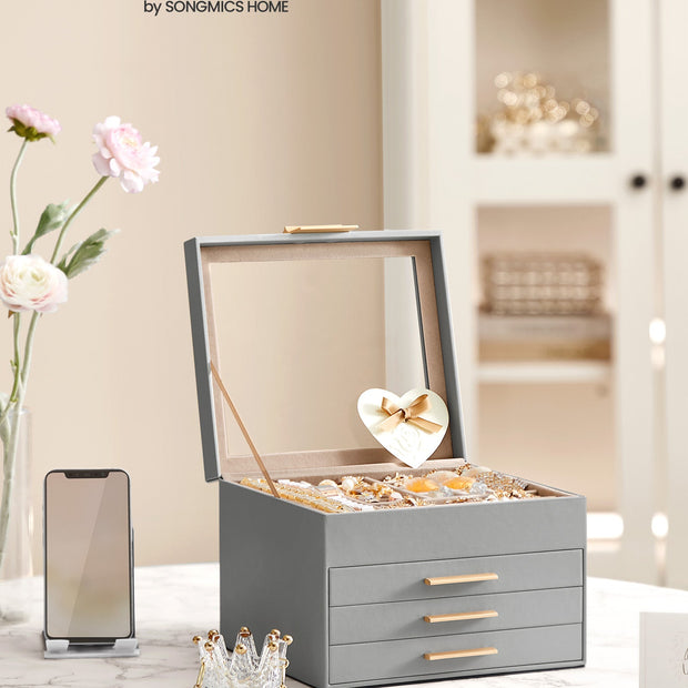 4-Tier Jewellery Box – Wood and Glass – Dove Grey with Gold Accents – 2 Drawers and Lid