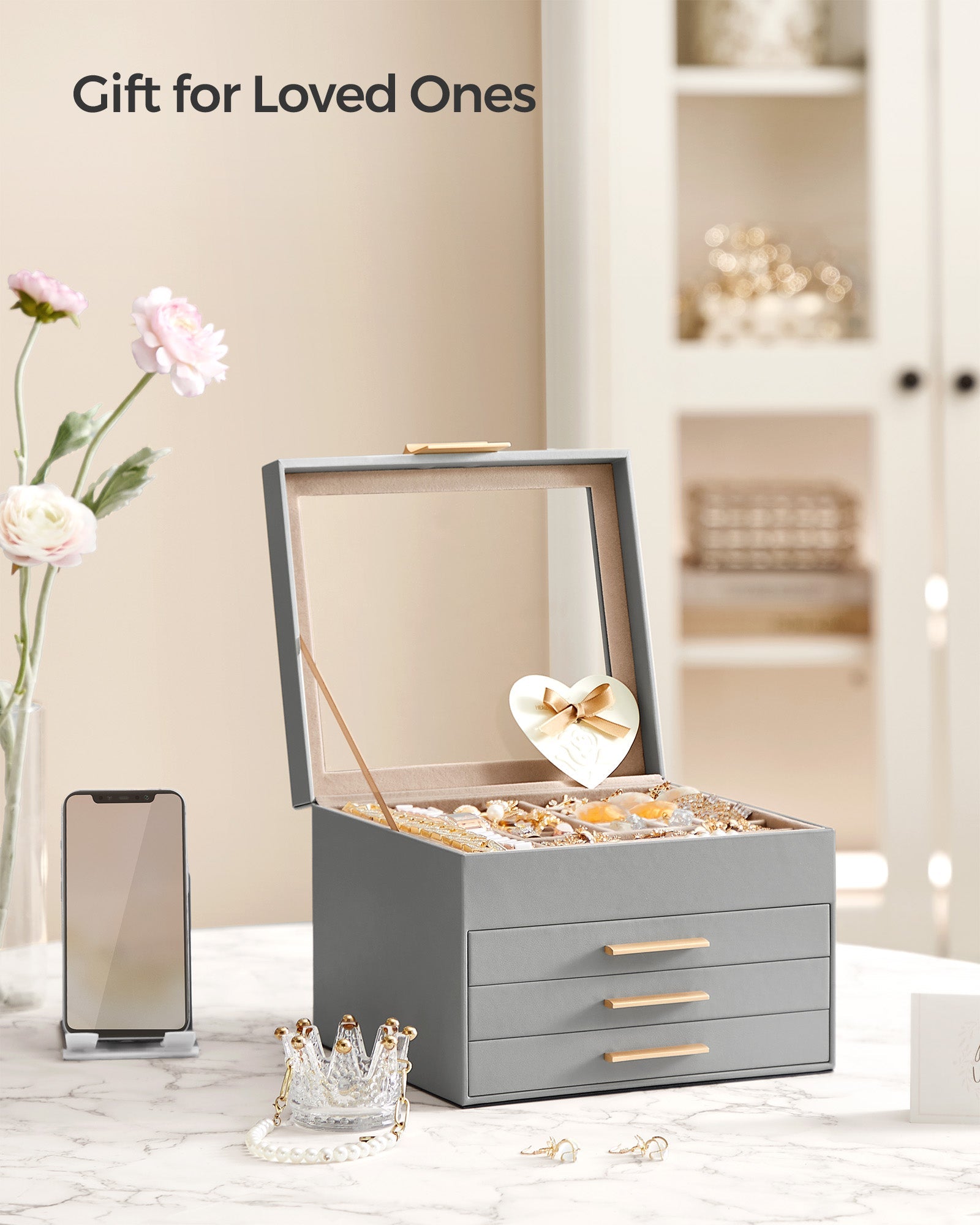 4-Tier Jewellery Box – Wood and Glass – Dove Grey with Gold Accents – 2 Drawers and Lid