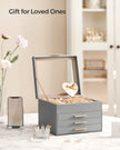 4-Tier Jewellery Box – Wood and Glass – Dove Grey with Gold Accents – 2 Drawers and Lid
