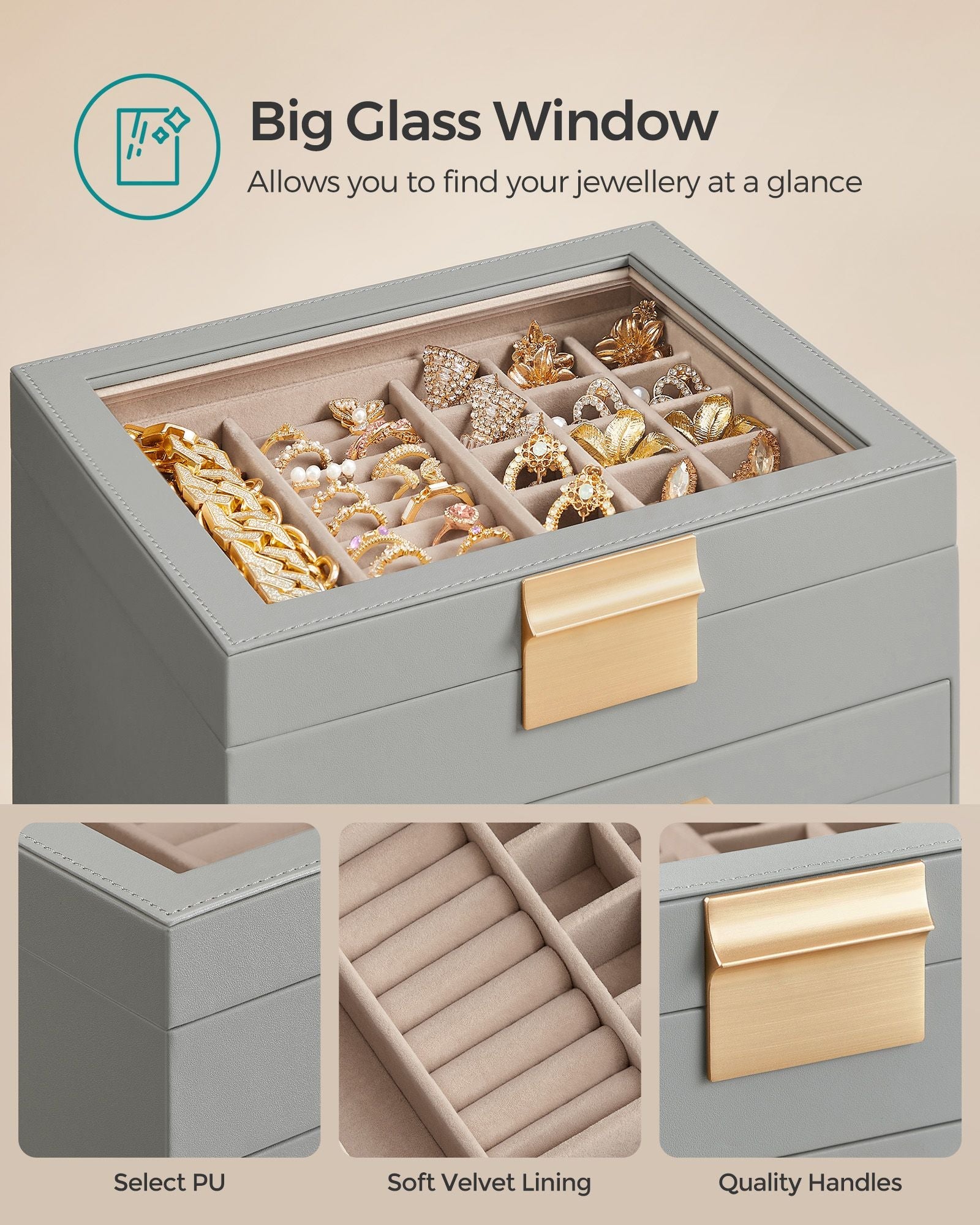 4-Tier Jewellery Box – Wood and Glass – Dove Grey with Gold Accents – 2 Drawers and Lid