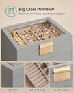 4-Tier Jewellery Box – Wood and Glass – Dove Grey with Gold Accents – 2 Drawers and Lid