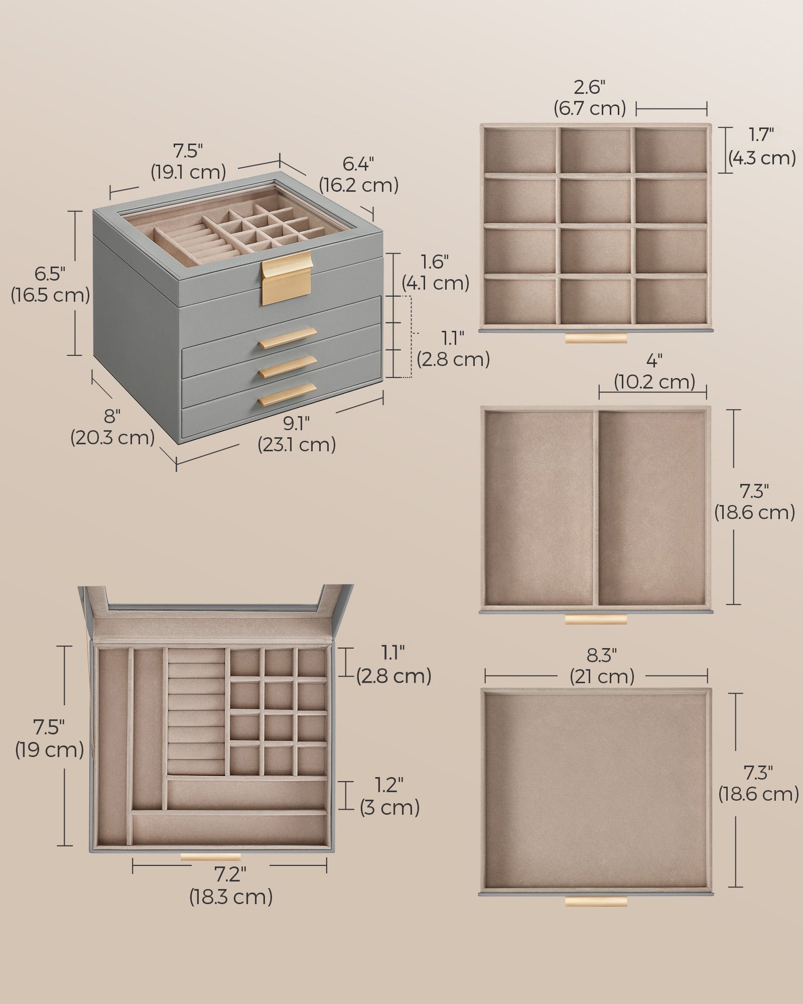 4-Tier Jewellery Box – Wood and Glass – Dove Grey with Gold Accents – 2 Drawers and Lid