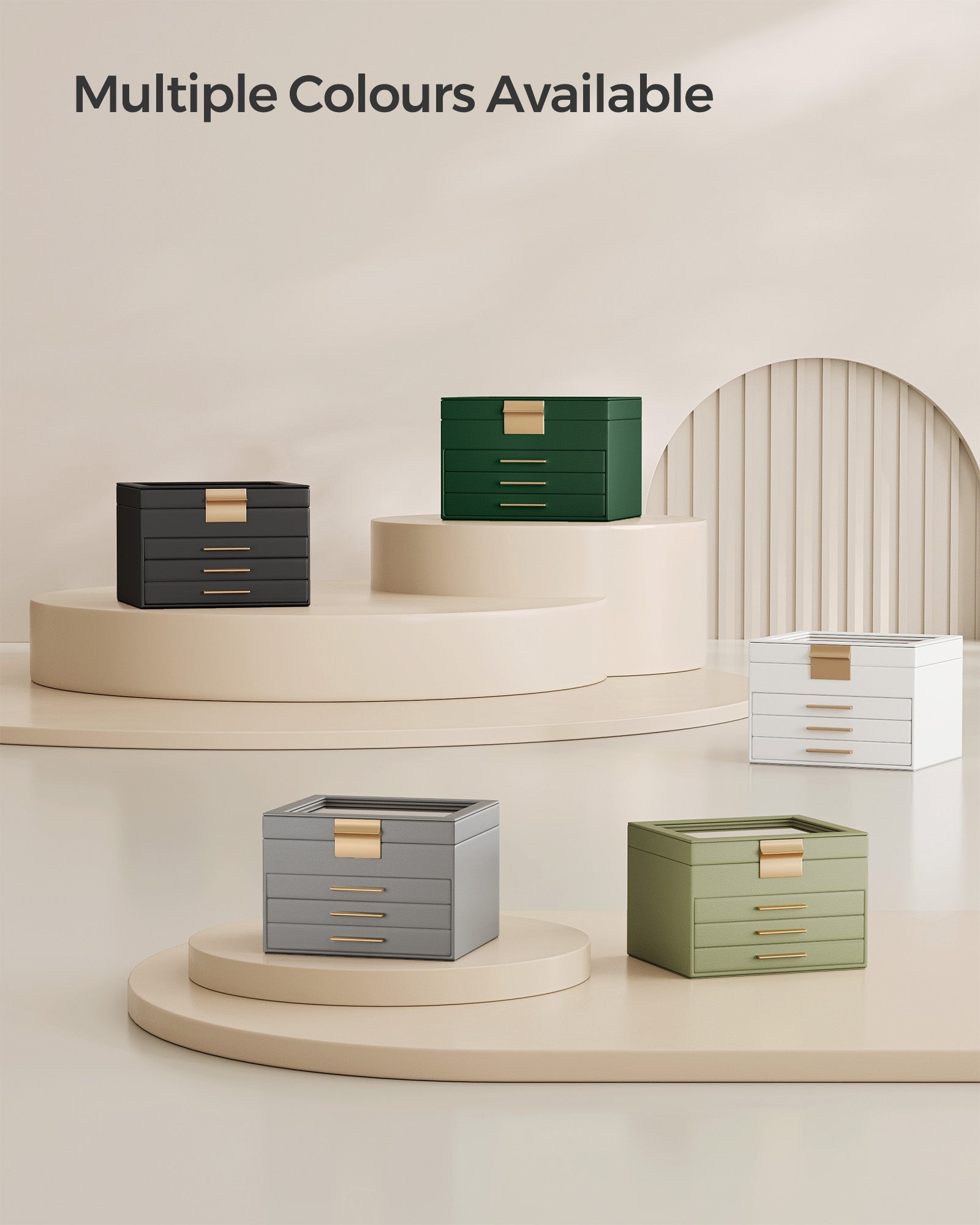 4-Tier Jewellery Box – Wood and Glass – Dove Grey with Gold Accents – 2 Drawers and Lid