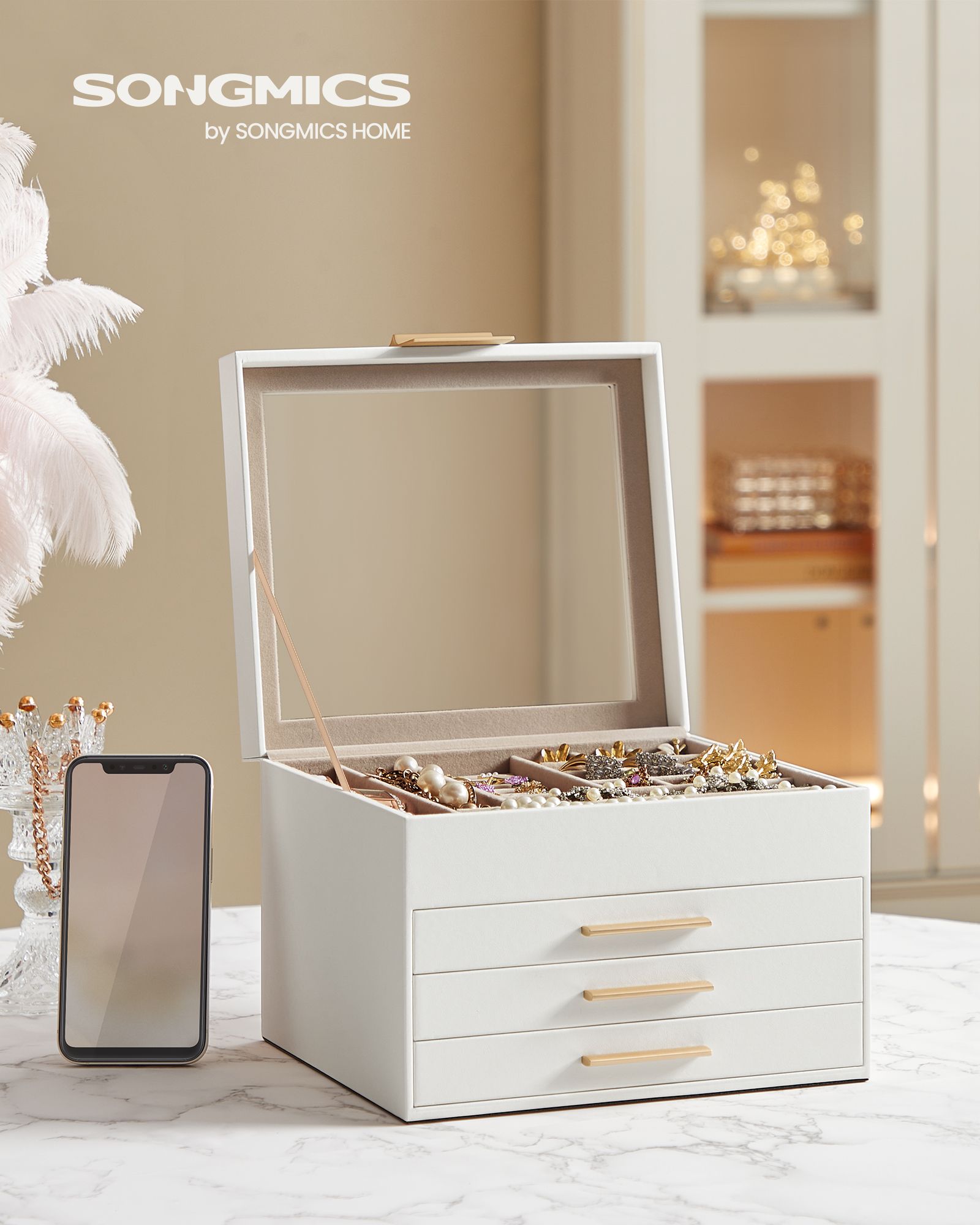 Jewellery Box – Glass – Cloud White and Gold – 4-Layer with 3 Drawers