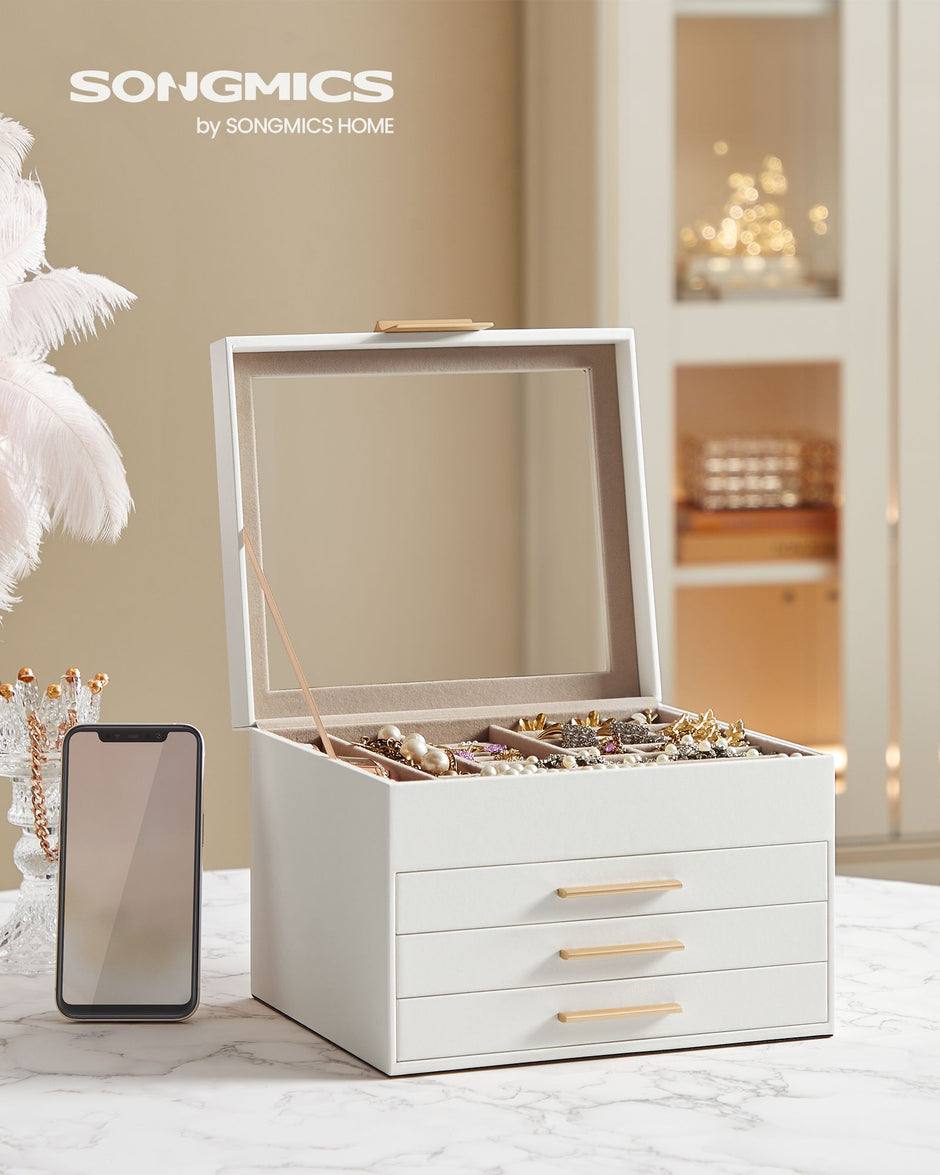 Jewellery Box – Glass – Cloud White and Gold – 4-Layer with 3 Drawers