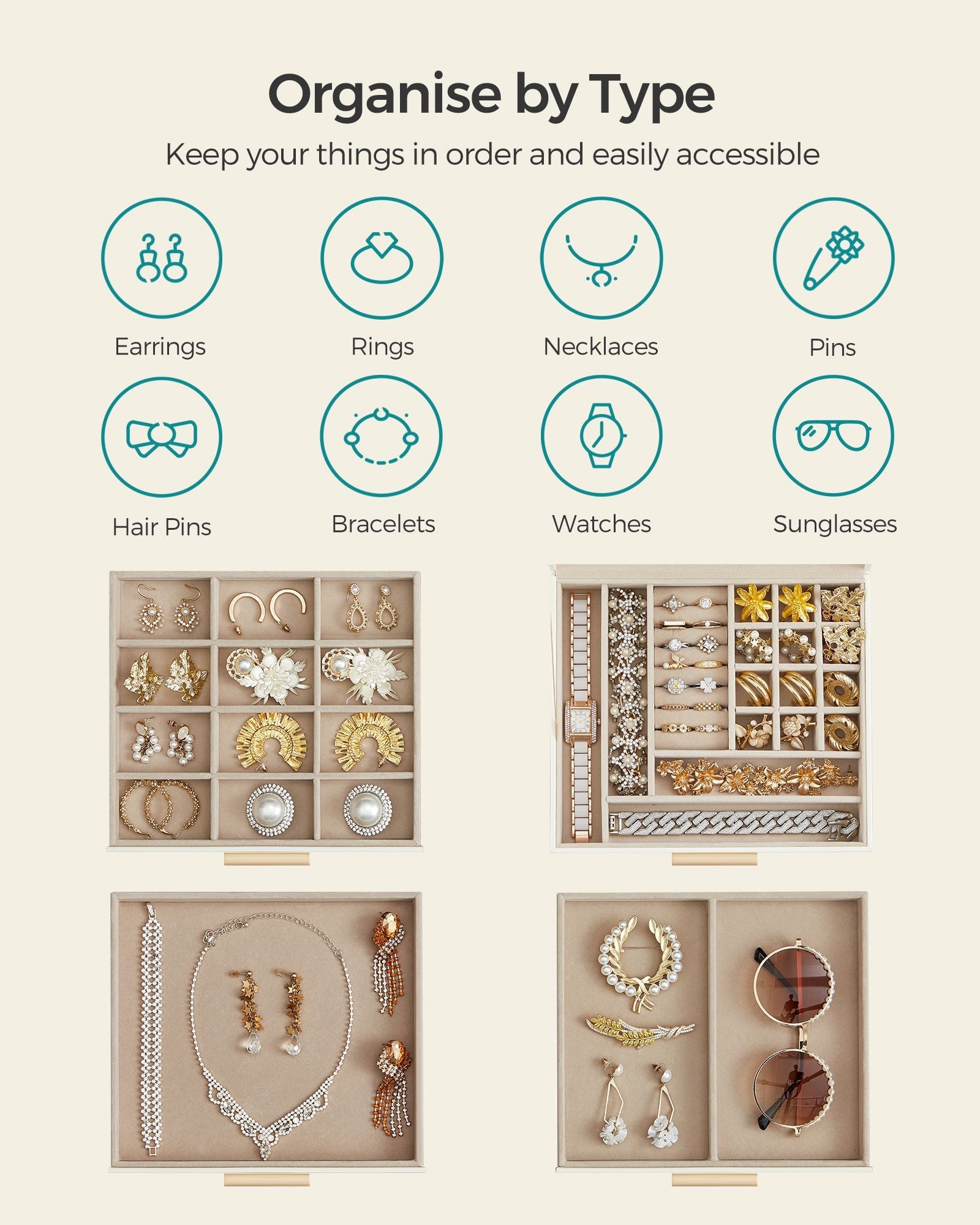 Jewellery Box – Glass – Cloud White and Gold – 4-Layer with 3 Drawers