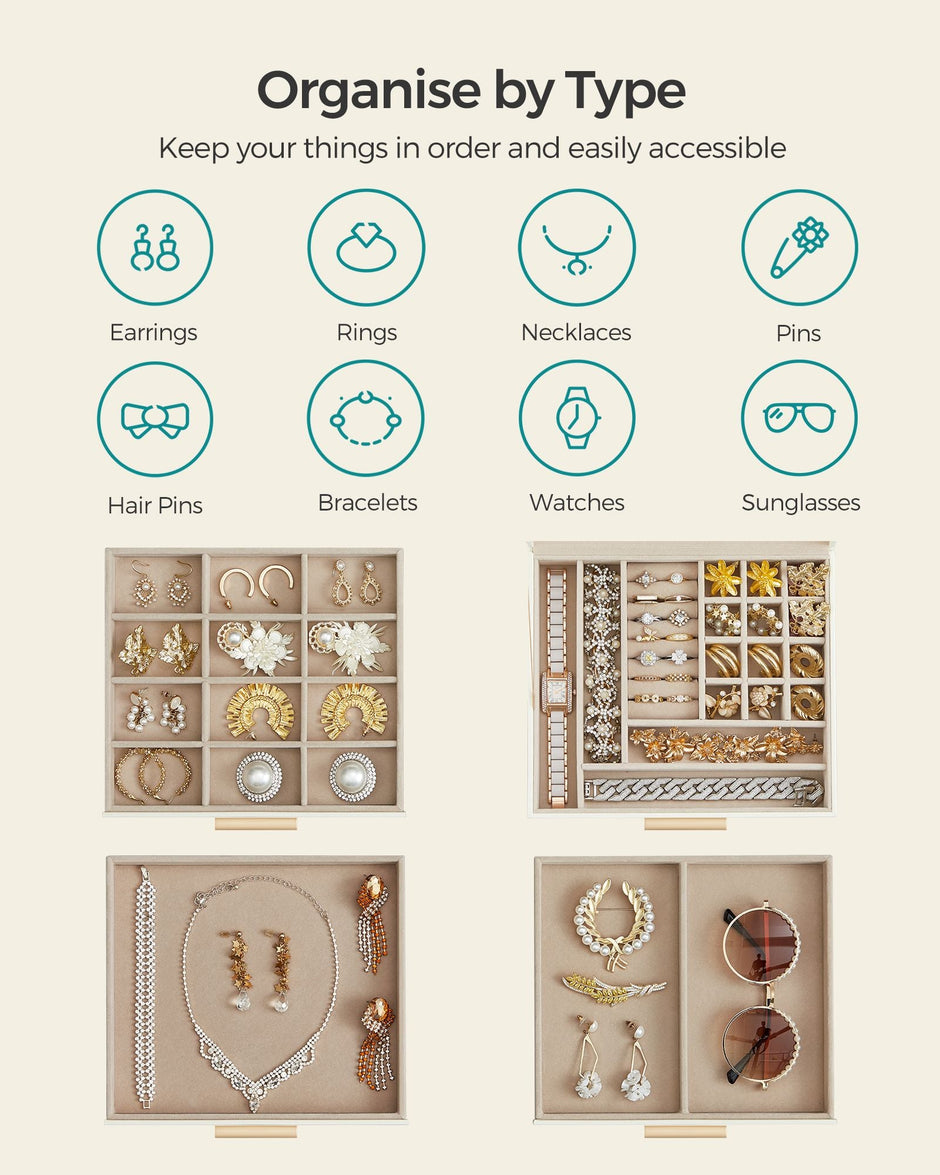 Jewellery Box – Glass – Cloud White and Gold – 4-Layer with 3 Drawers
