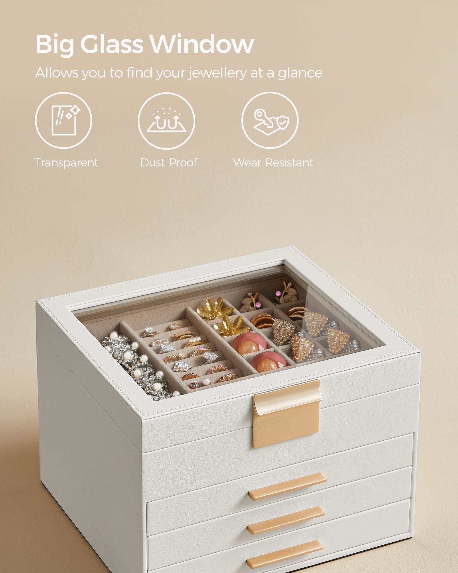 Jewellery Box – Glass – Cloud White and Gold – 4-Layer with 3 Drawers