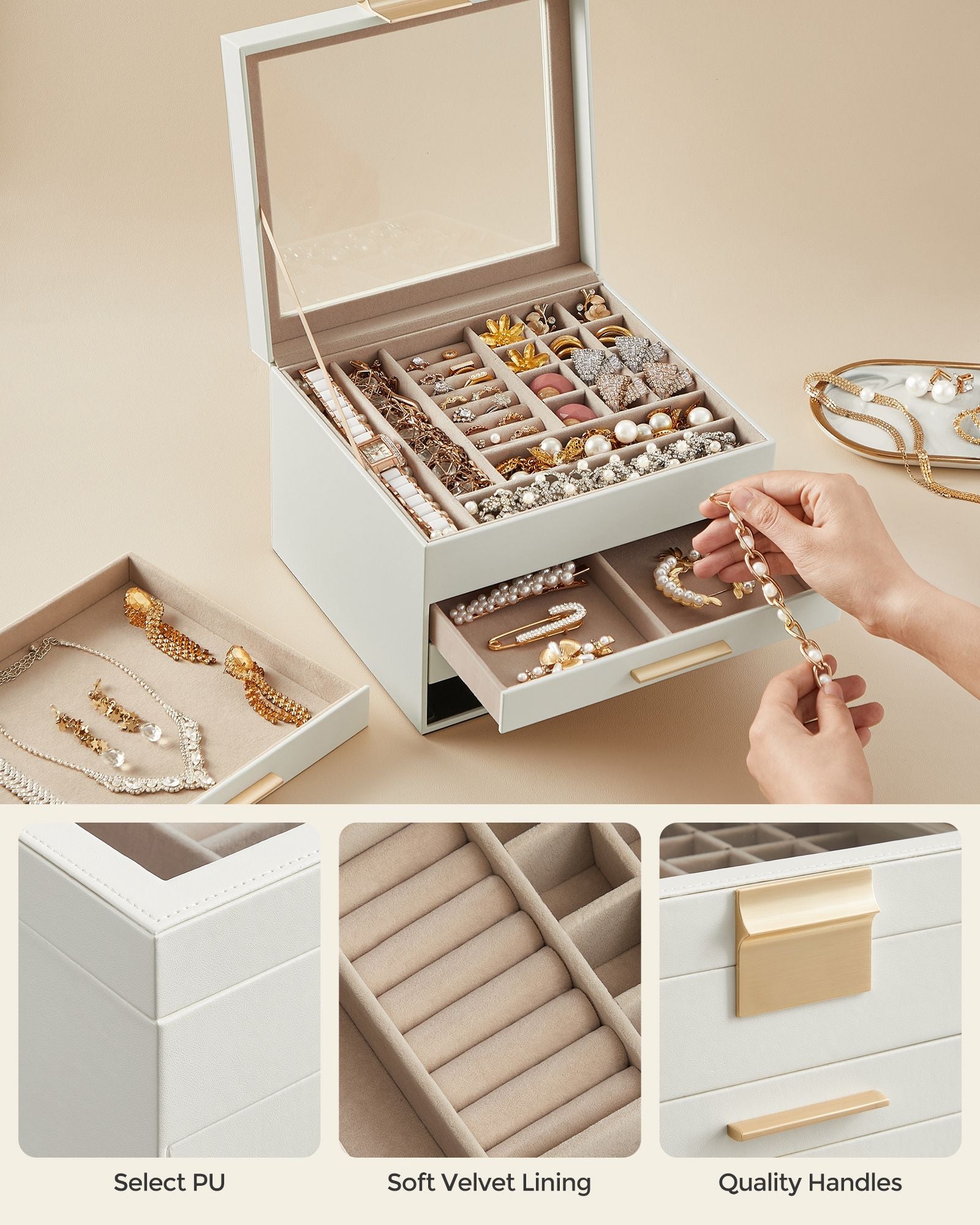 Jewellery Box – Glass – Cloud White and Gold – 4-Layer with 3 Drawers