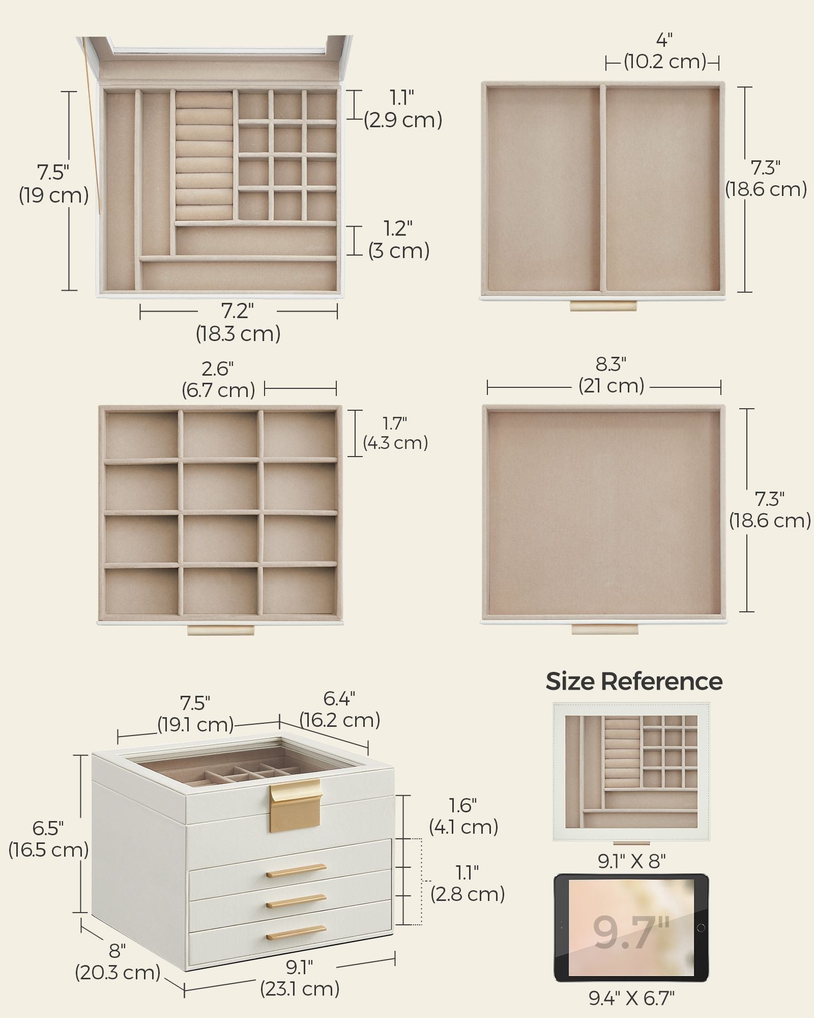 Jewellery Box – Glass – Cloud White and Gold – 4-Layer with 3 Drawers